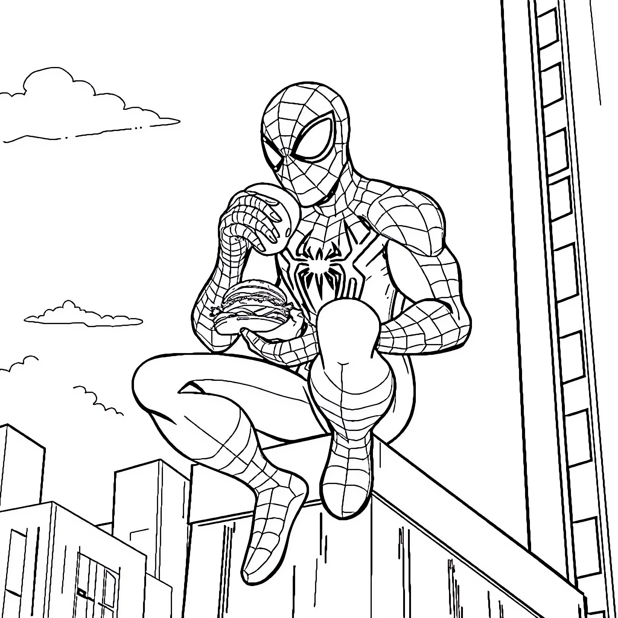 Spiderman scaling a building in the city Coloring Page (free black-and-white line drawing printable PDF for all, from beginners to advanced learners, including children, teens, adults, and seniors)