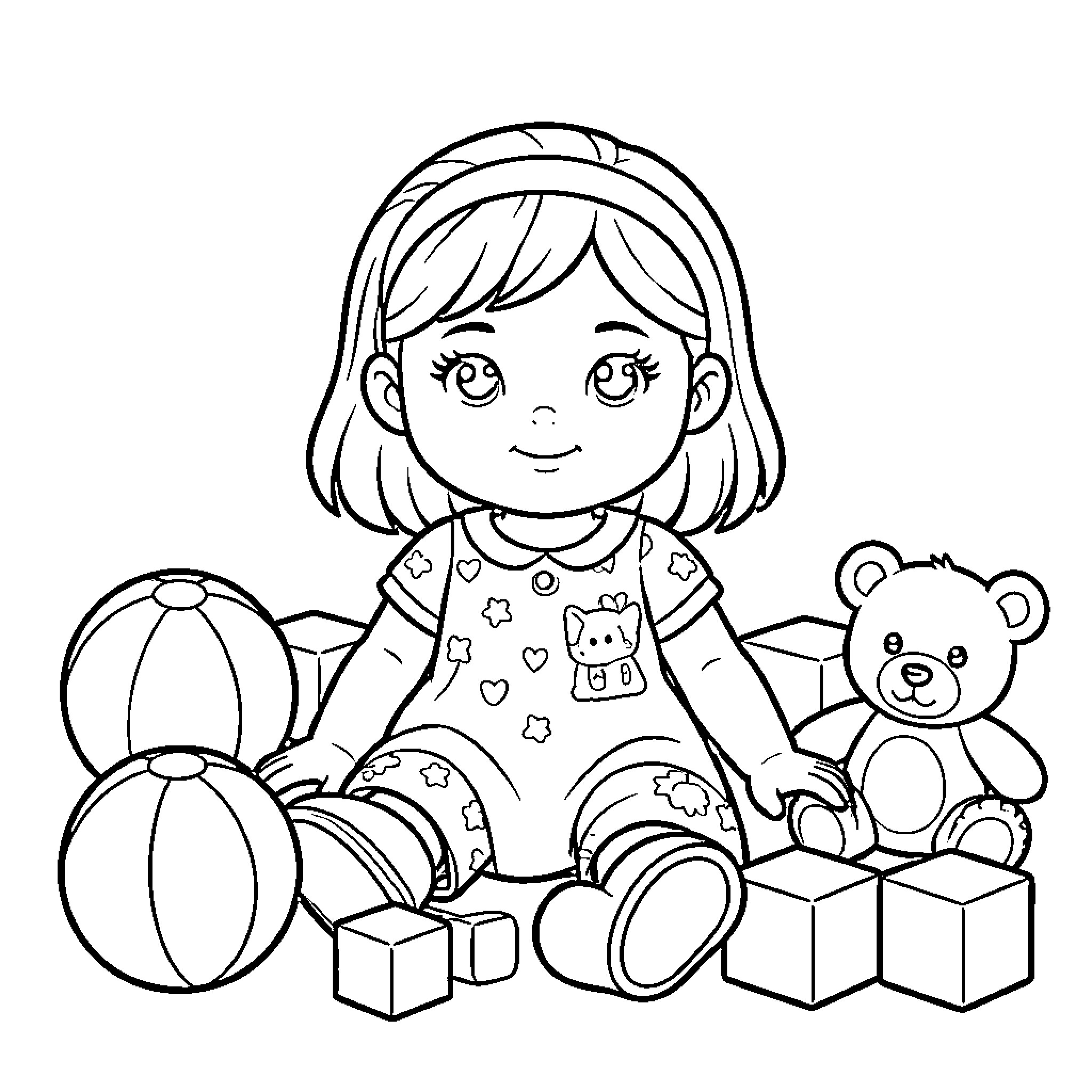 Muñeca sentada jugando con juguetes y un oso Coloring Page (free black-and-white line drawing printable PDF for all, from beginners to advanced learners, including children, teens, adults, and seniors)
