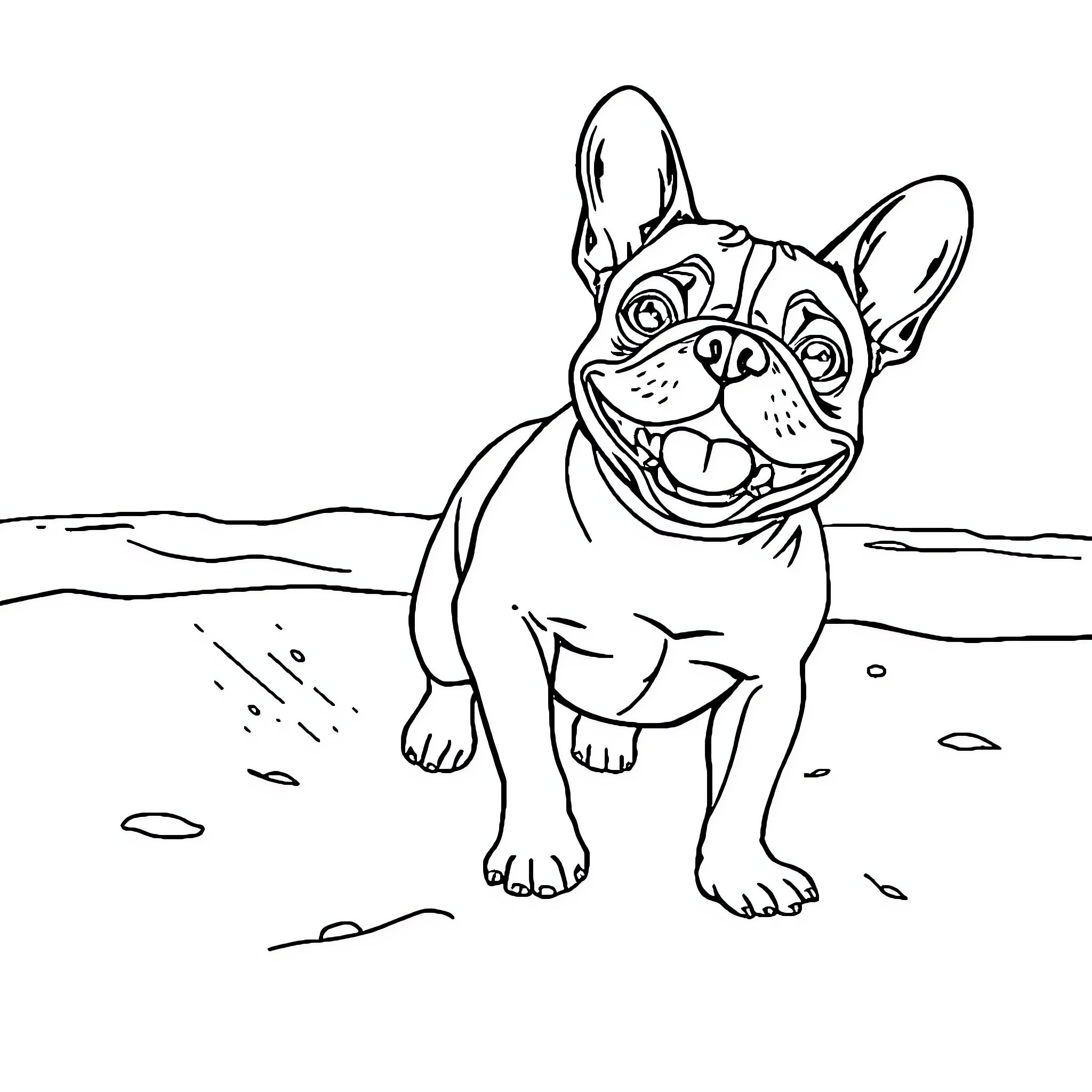 French Bulldog enjoying the outdoors Coloring Page (free black-and-white line drawing printable PDF for all, from beginners to advanced learners, including children, teens, adults, and seniors)