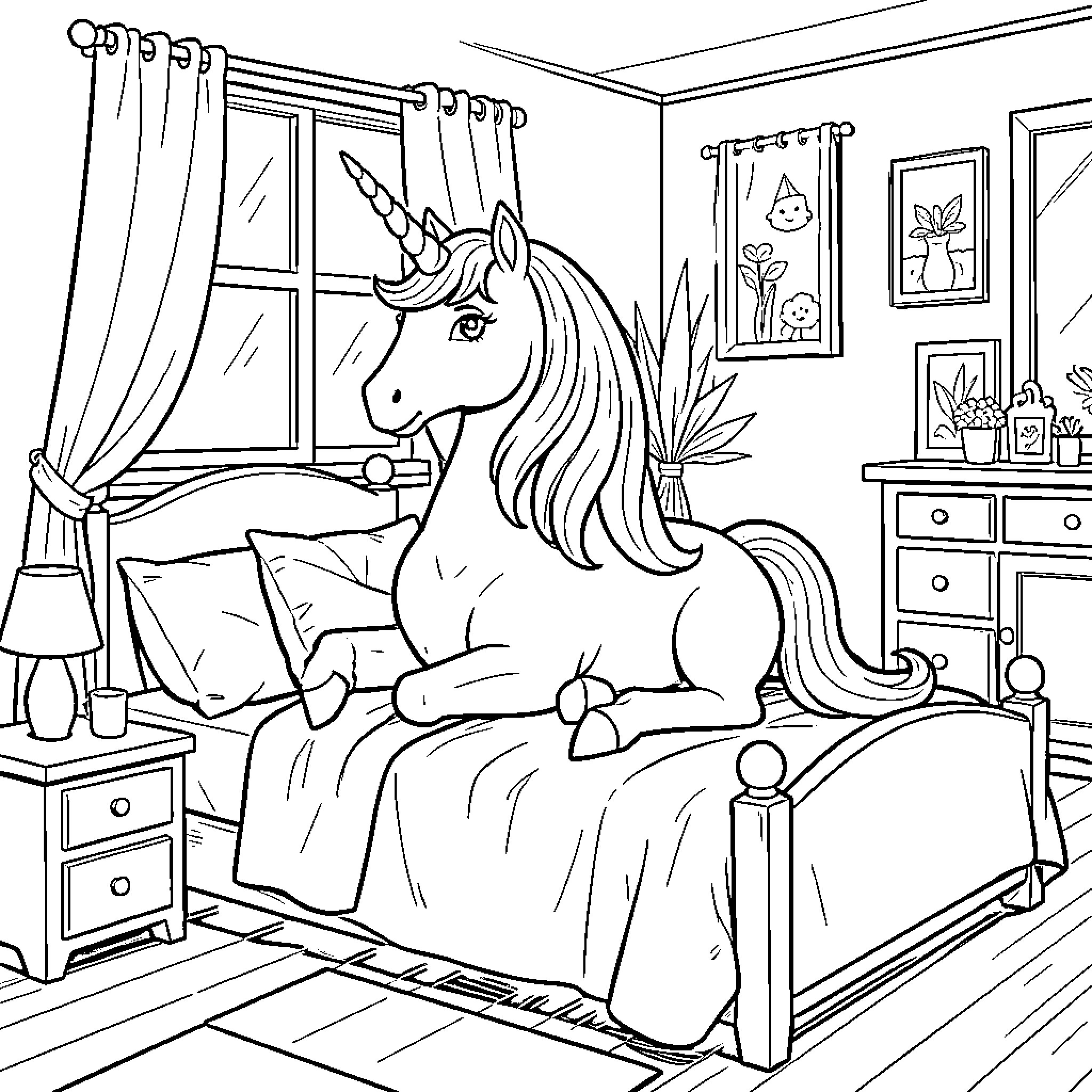 Unicorn resting peacefully on a cozy bed Coloring Page (free black-and-white line drawing printable PDF for all, from beginners to advanced learners, including children, teens, adults, and seniors)