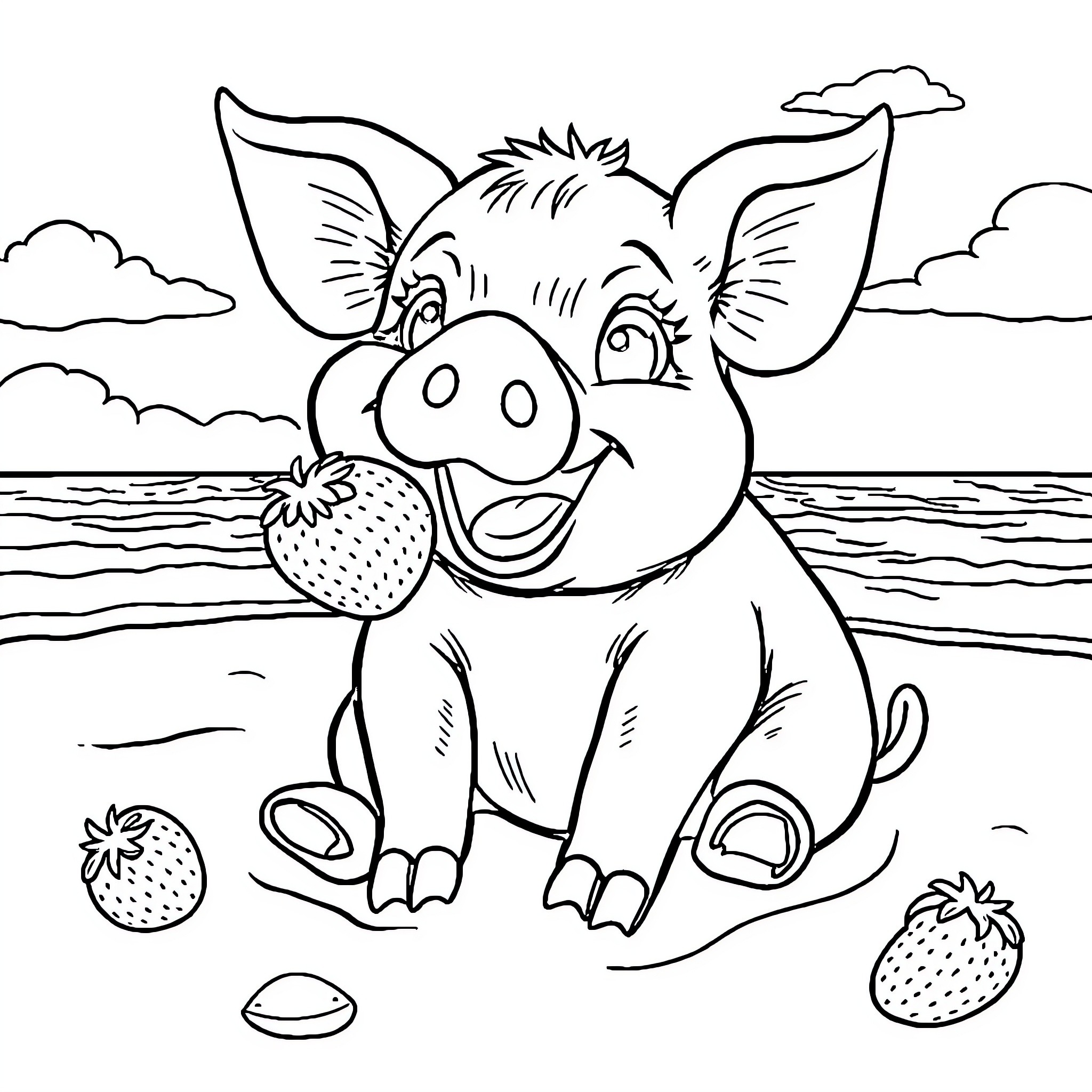 Pig enjoying strawberries on the beach Coloring Page (free black-and-white line drawing printable PDF for all, from beginners to advanced learners, including children, teens, adults, and seniors)