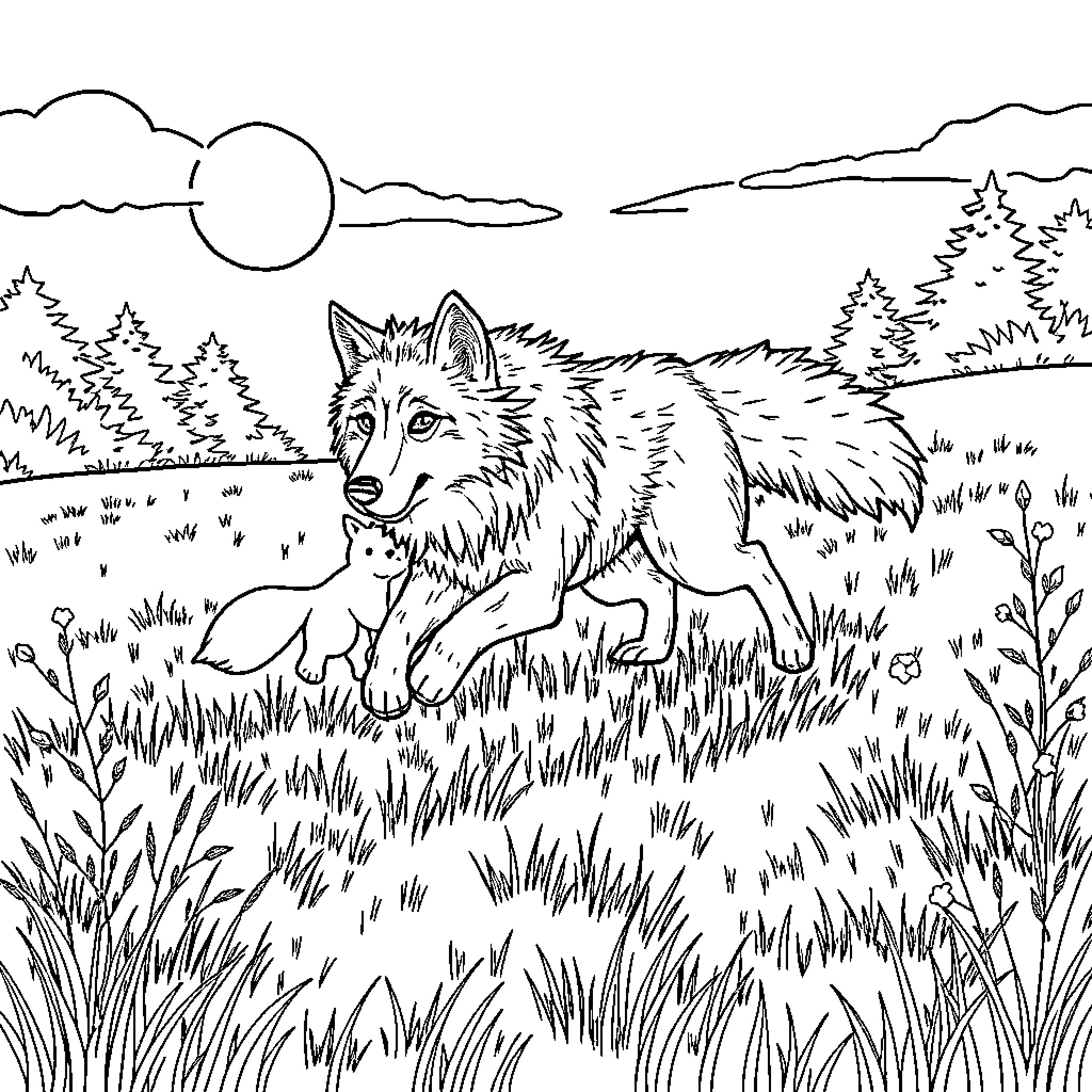 Wolf exploring serene forest landscape Coloring Page (free black-and-white line drawing printable PDF for all, from beginners to advanced learners, including children, teens, adults, and seniors)