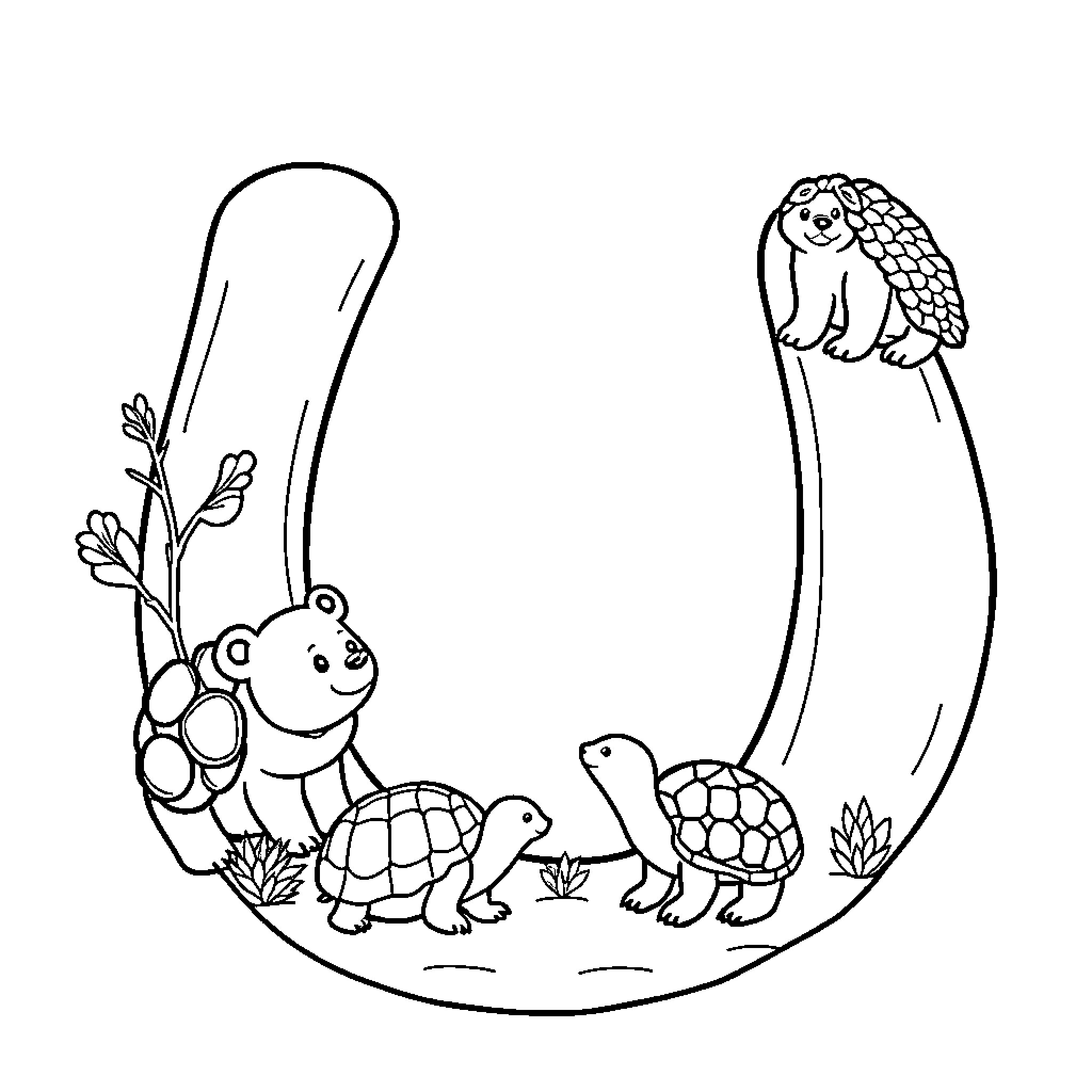 Letter U: Friendly Turtles Exploring Nature Coloring Page (free black-and-white line drawing printable PDF for all, from beginners to advanced learners, including children, teens, adults, and seniors)