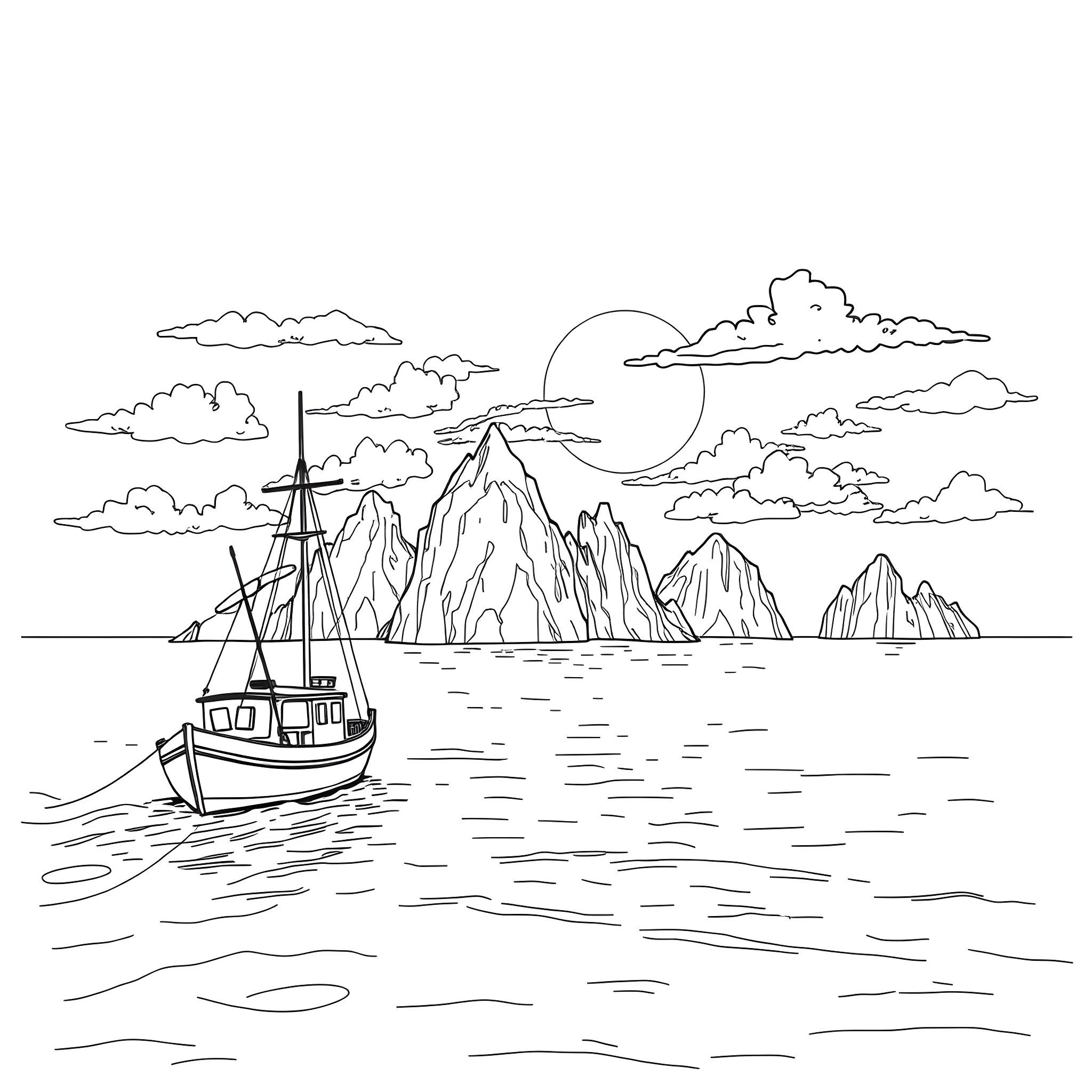 Fishing Ship Sailing Towards Rugged Mountain Landscape Coloring Page (free black-and-white line drawing printable PDF for all, from beginners to advanced learners, including children, teens, adults, and seniors)