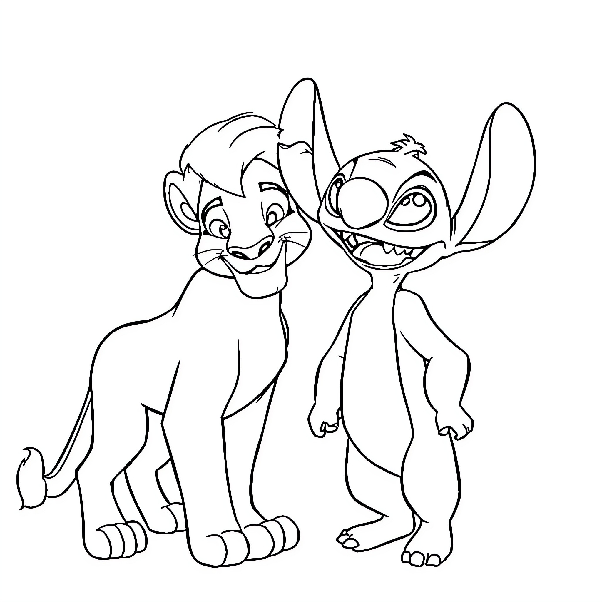 Simba and Stitch's Playful Adventure Coloring Page (free black-and-white line drawing printable PDF for all, from beginners to advanced learners, including children, teens, adults, and seniors)