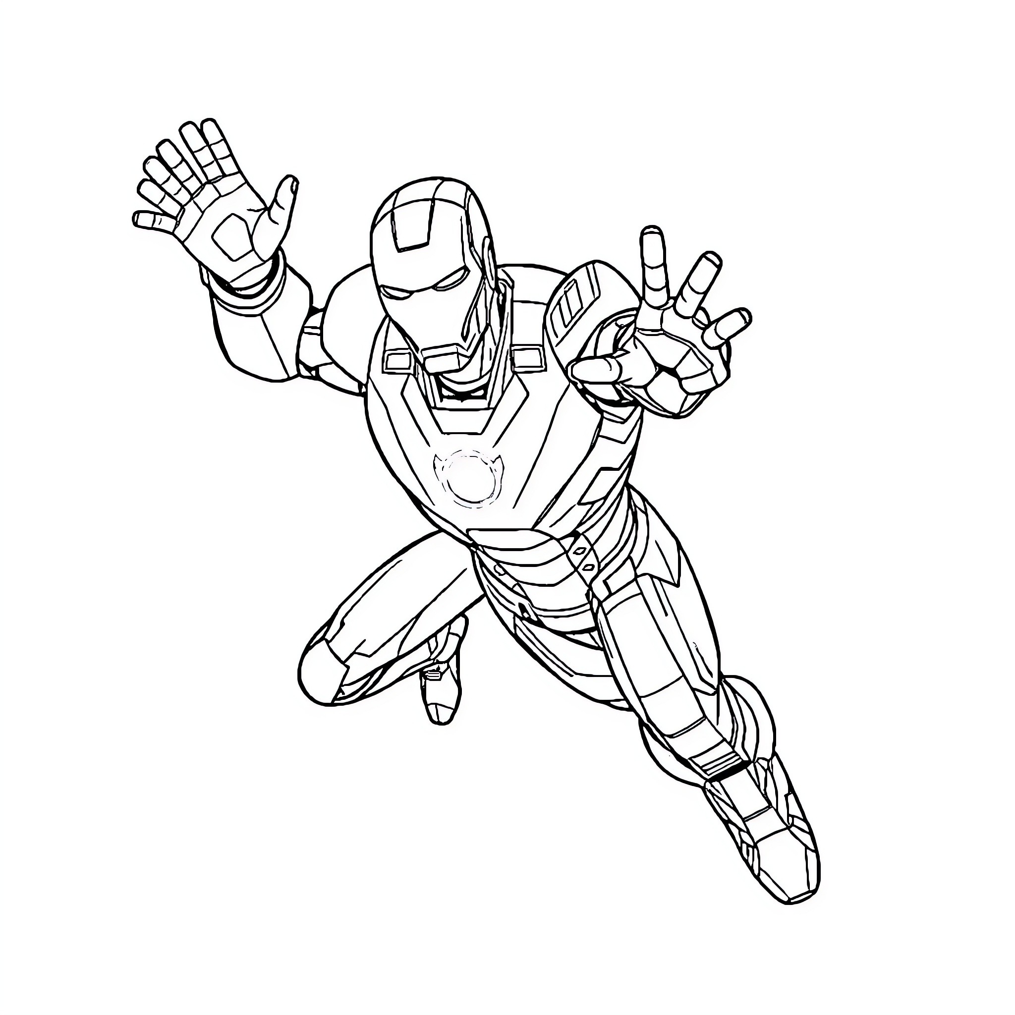 Ironman flying in heroic pose Coloring Page (free black-and-white line drawing printable PDF for all, from beginners to advanced learners, including children, teens, adults, and seniors)