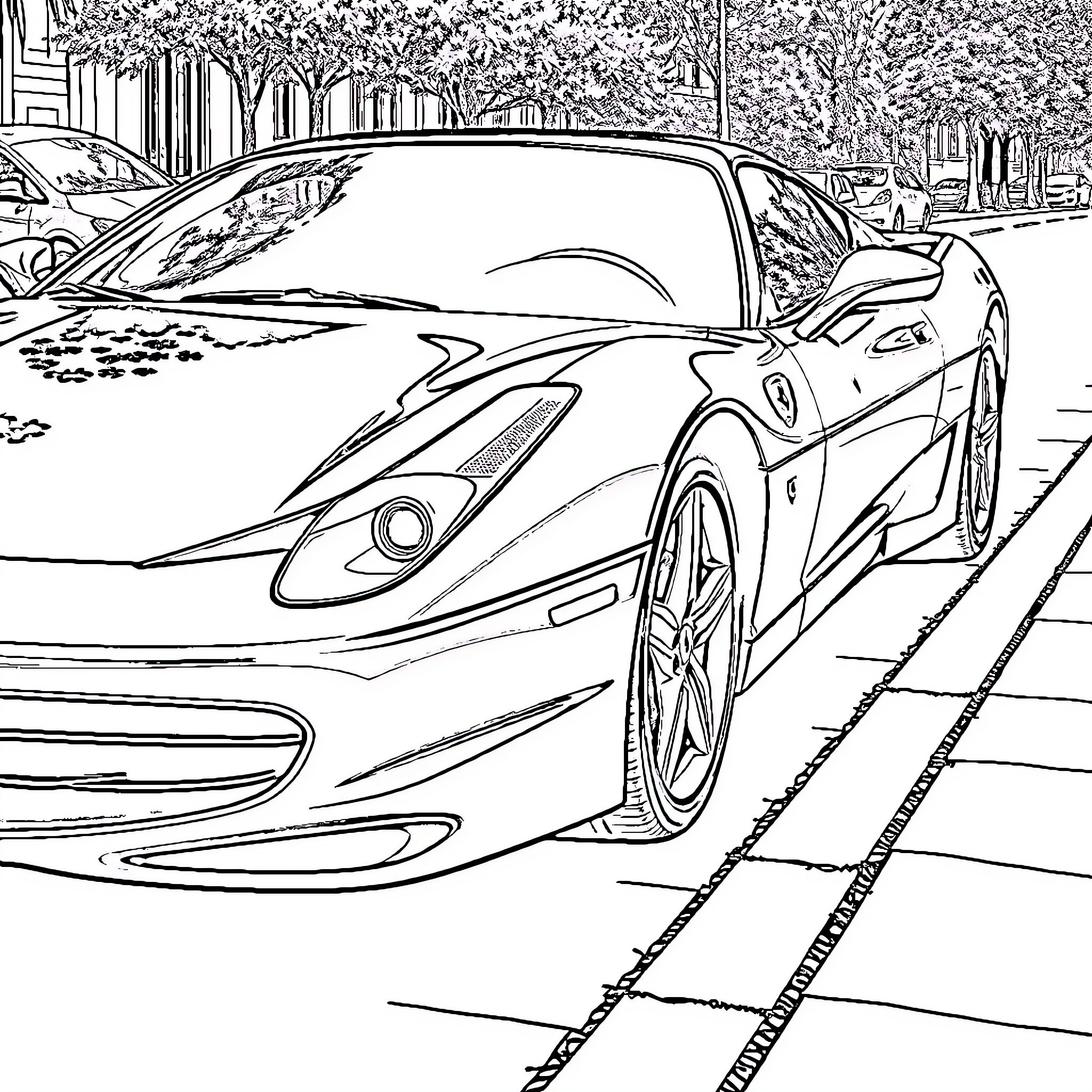 Ferrari sports car on city street Coloring Page (free black-and-white line drawing printable PDF for all, from beginners to advanced learners, including children, teens, adults, and seniors)