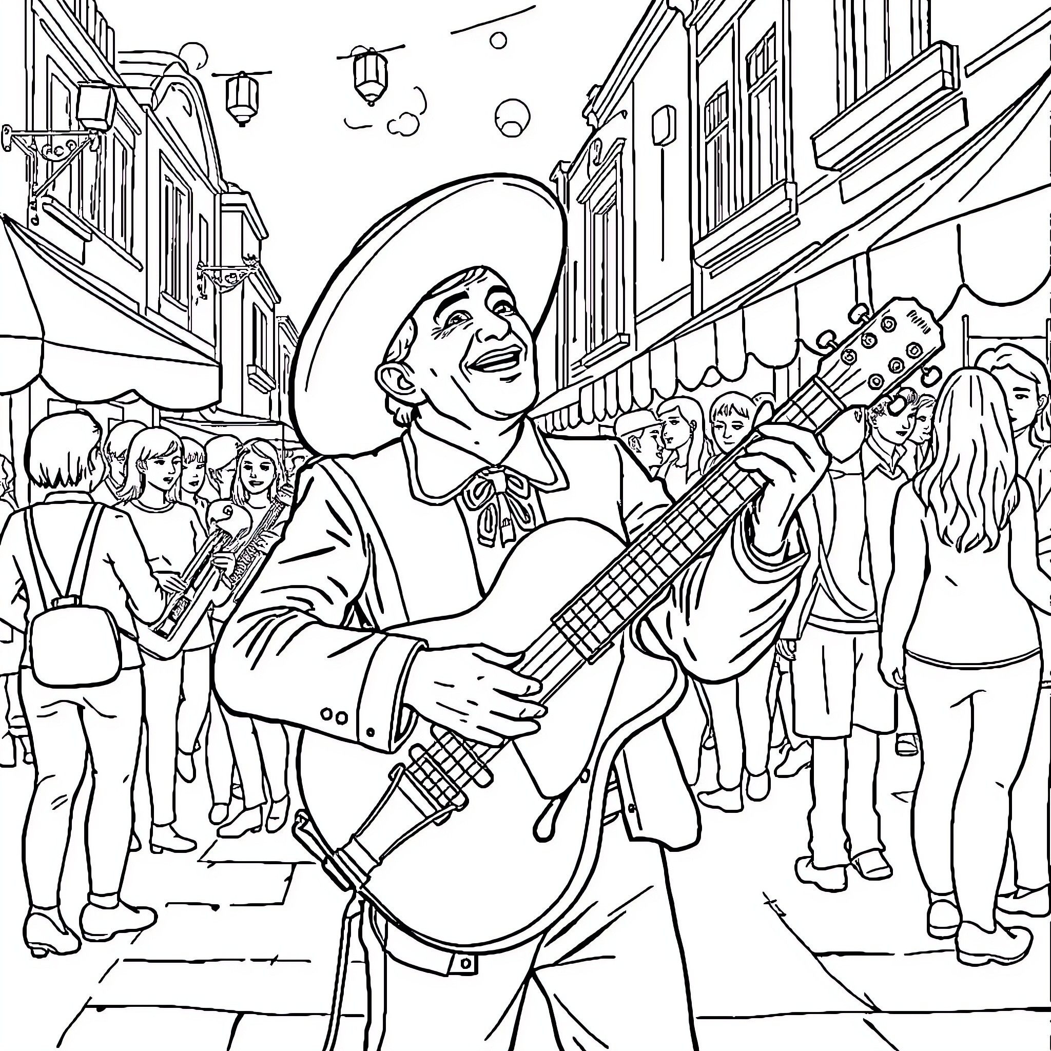 Tralarero performing lively street music for a crowd Coloring Page (free black-and-white line drawing printable PDF for all, from beginners to advanced learners, including children, teens, adults, and seniors)