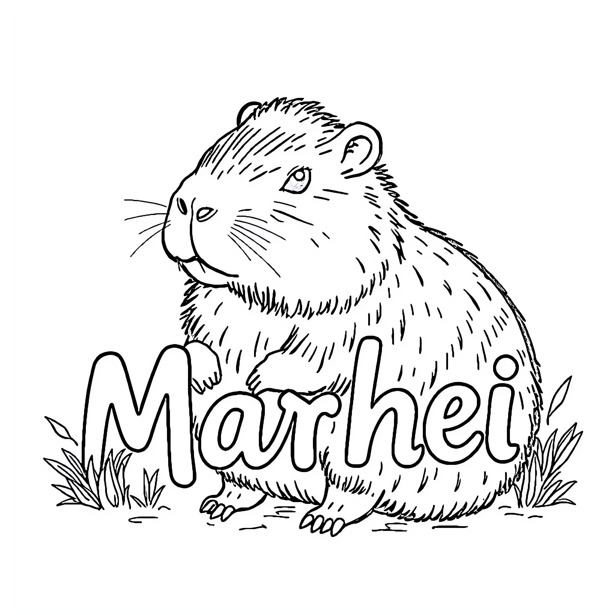 Capybara enjoying the outdoors with its name Coloring Page (free black-and-white line drawing printable PDF for all, from beginners to advanced learners, including children, teens, adults, and seniors)