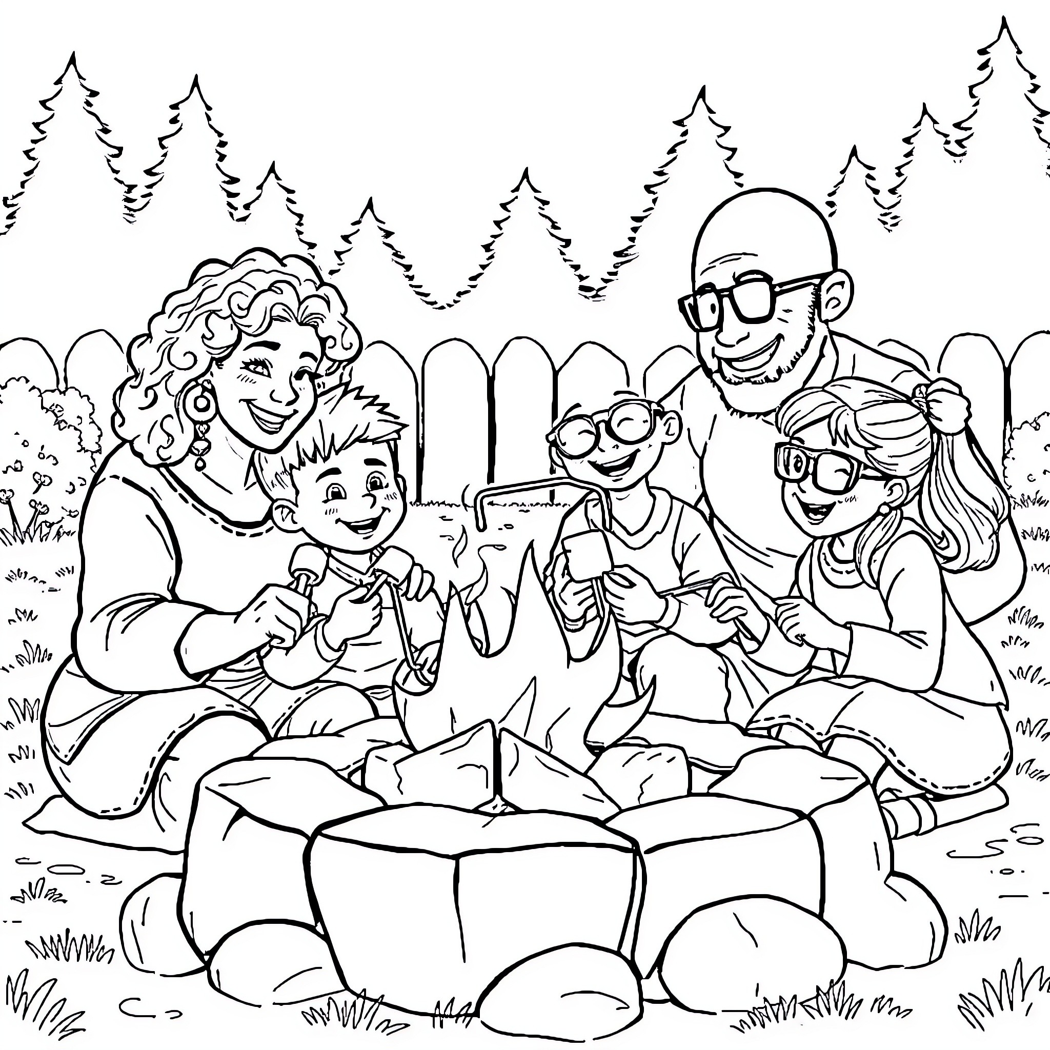 Family Enjoying Time Together Outdoors Coloring Page (free black-and-white line drawing printable PDF for all, from beginners to advanced learners, including children, teens, adults, and seniors)