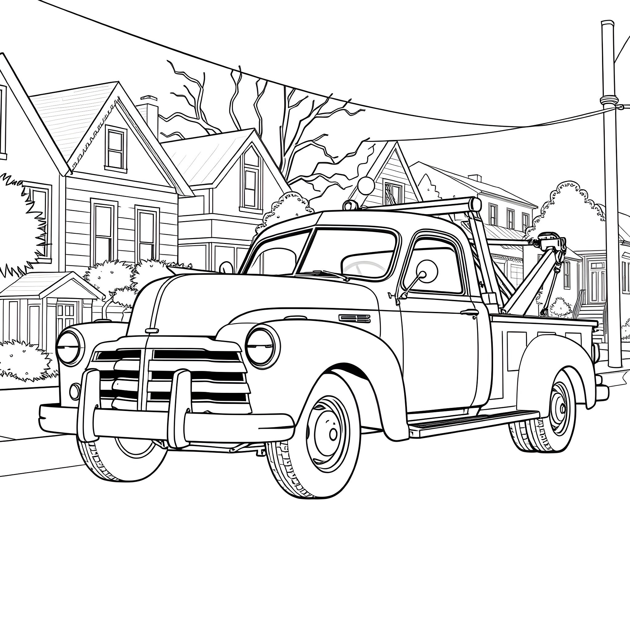Tow Truck Assisting Vehicle on a Residential Street Coloring Page (free black-and-white line drawing printable PDF for all, from beginners to advanced learners, including children, teens, adults, and seniors)