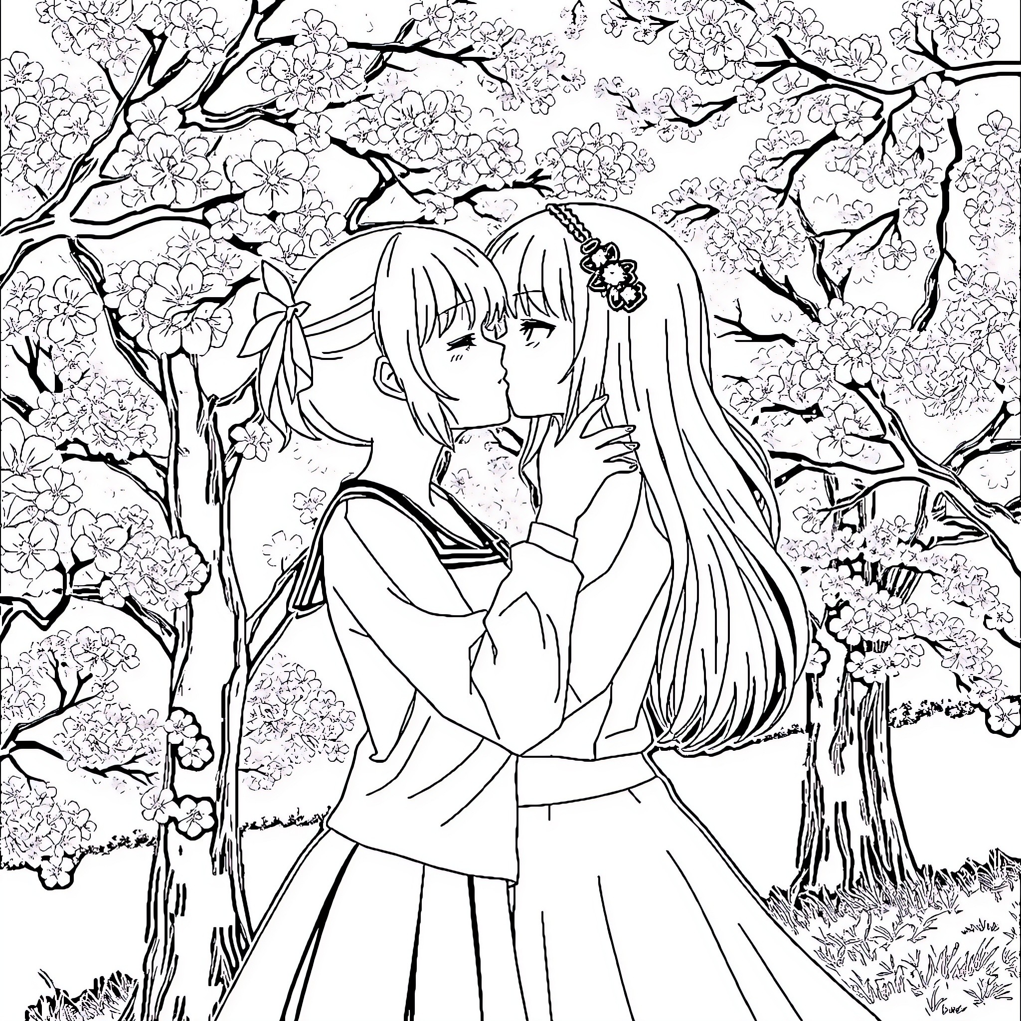 Anime Girl in Flower Garden Embracing Coloring Page (free black-and-white line drawing printable PDF for all, from beginners to advanced learners, including children, teens, adults, and seniors)