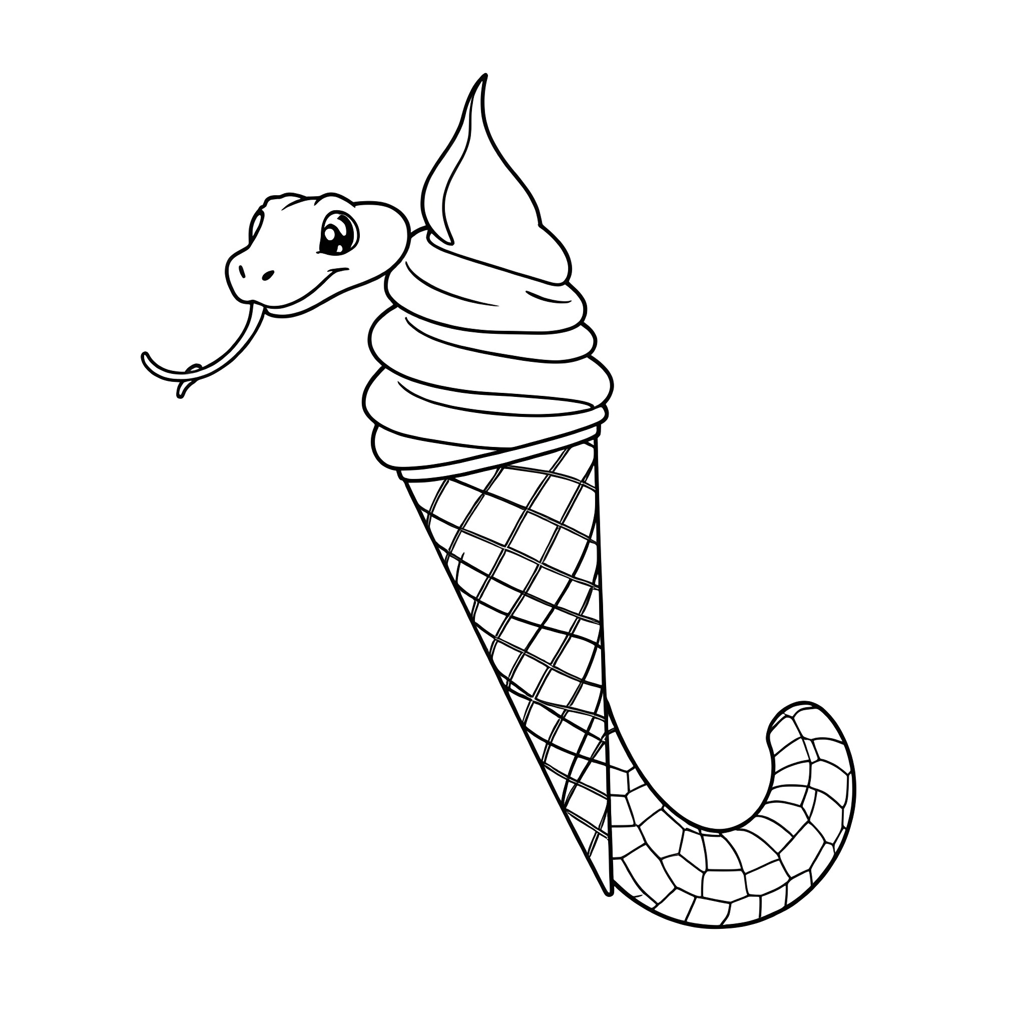 Snake-shaped ice cream cone Coloring Page (free black-and-white line drawing printable PDF for all, from beginners to advanced learners, including children, teens, adults, and seniors)