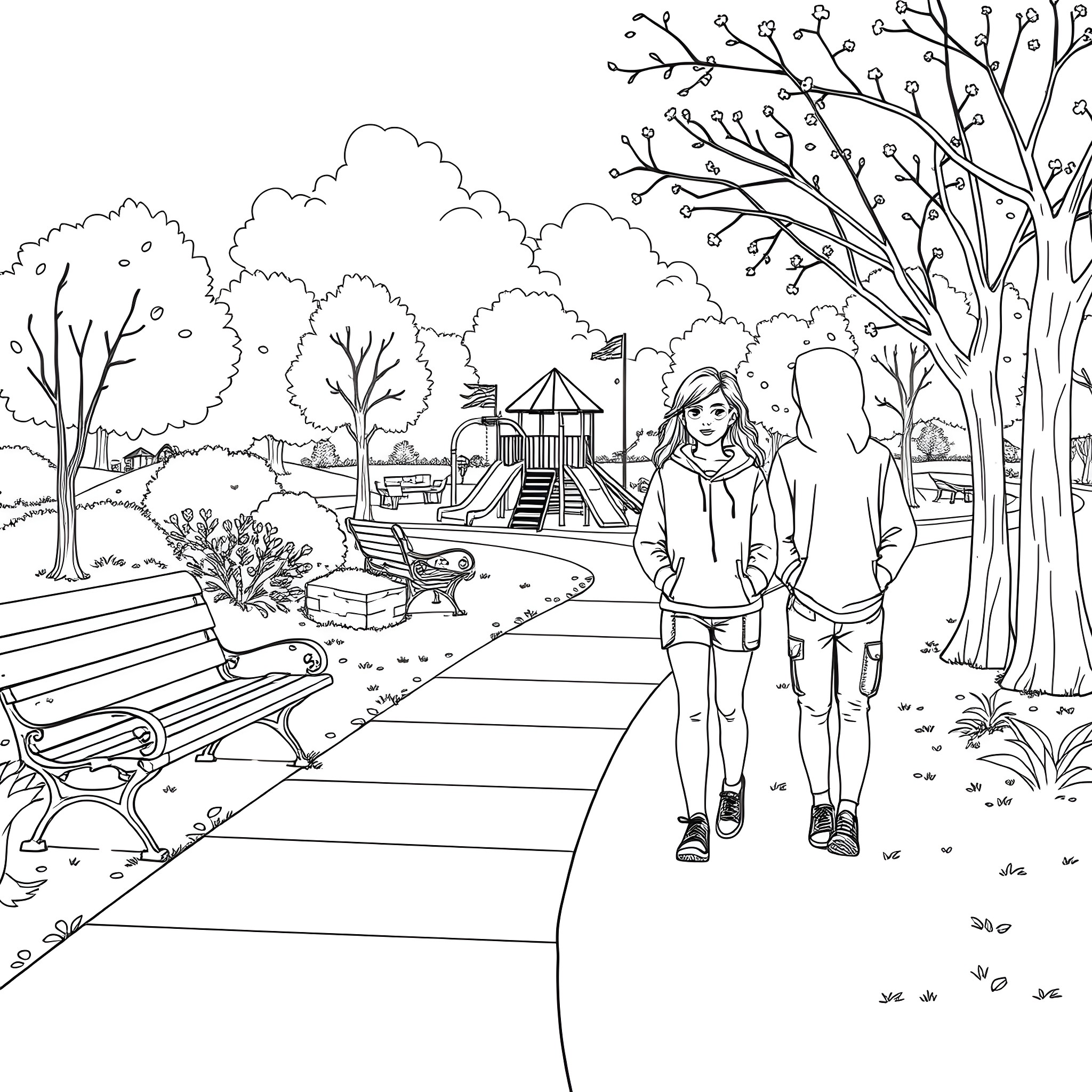 Teen Guy Walking Through a Park in Autumn Coloring Page (free black-and-white line drawing printable PDF for all, from beginners to advanced learners, including children, teens, adults, and seniors)