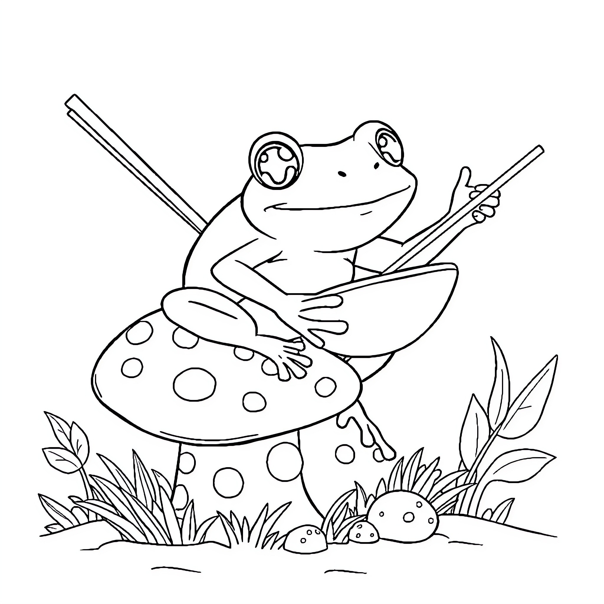 Frog sitting on a mushroom in the grass Coloring Page (free black-and-white line drawing printable PDF for all, from beginners to advanced learners, including children, teens, adults, and seniors)