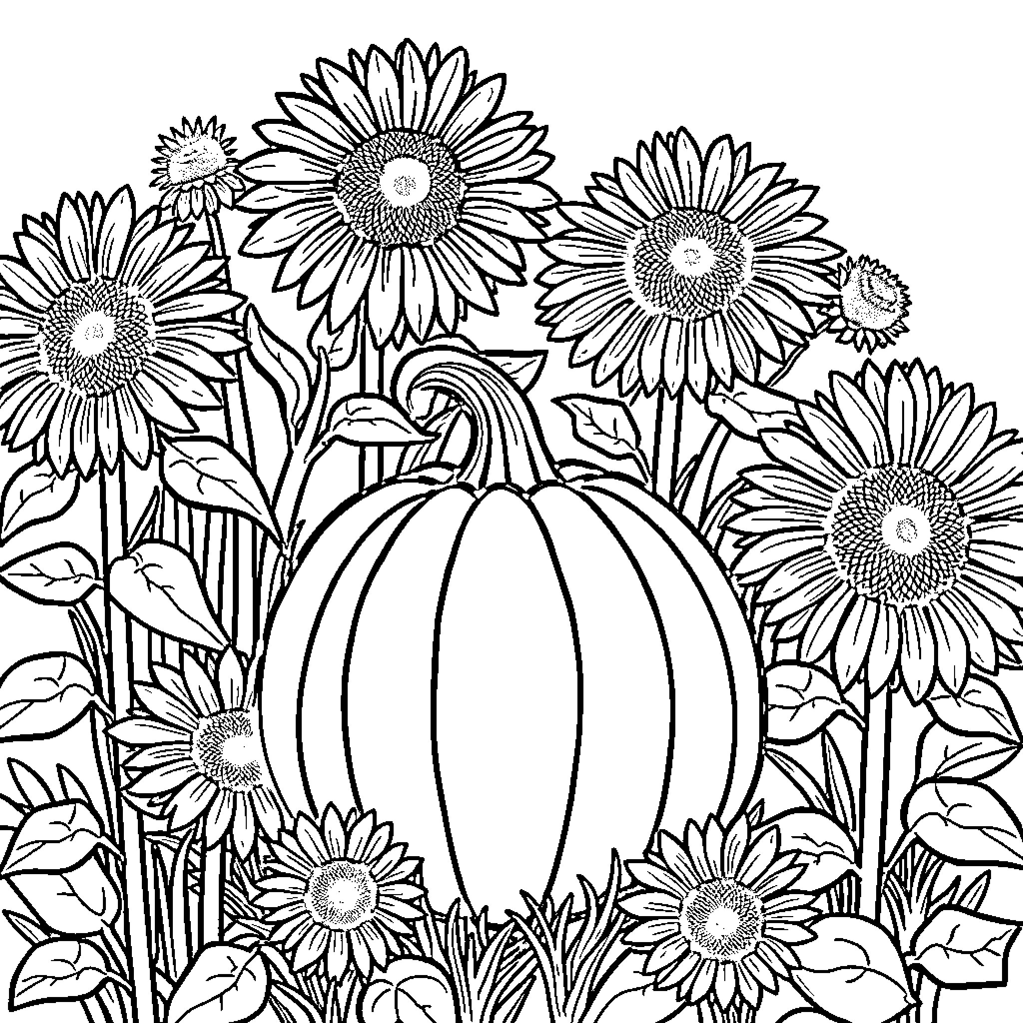 Pumpkin surrounded by blooming sunflowers Coloring Page (free black-and-white line drawing printable PDF for all, from beginners to advanced learners, including children, teens, adults, and seniors)