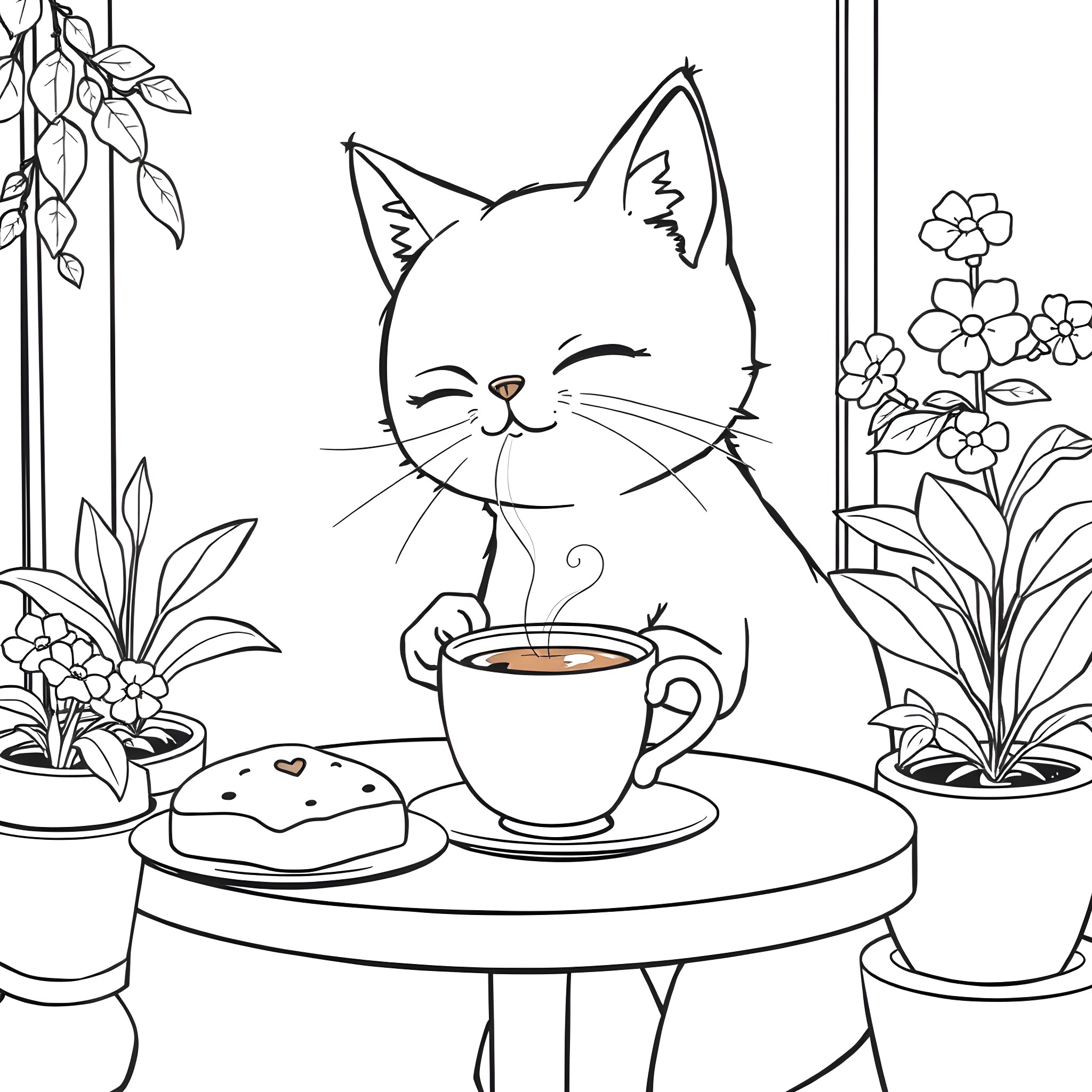 Cat enjoying a cozy coffee break in the garden Coloring Page (free black-and-white line drawing printable PDF for all, from beginners to advanced learners, including children, teens, adults, and seniors)