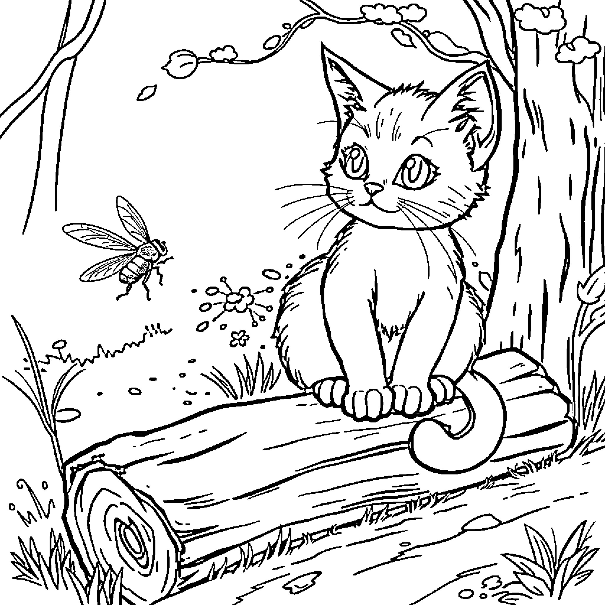 Fly through the forest with a curious cat Coloring Page (free black-and-white line drawing printable PDF for all, from beginners to advanced learners, including children, teens, adults, and seniors)