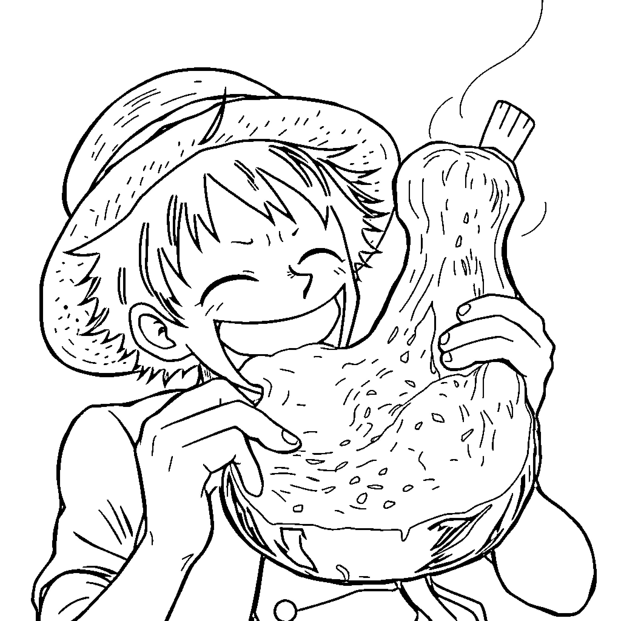 Luffy enjoying a hearty meal Coloring Page (free black-and-white line drawing printable PDF for all, from beginners to advanced learners, including children, teens, adults, and seniors)