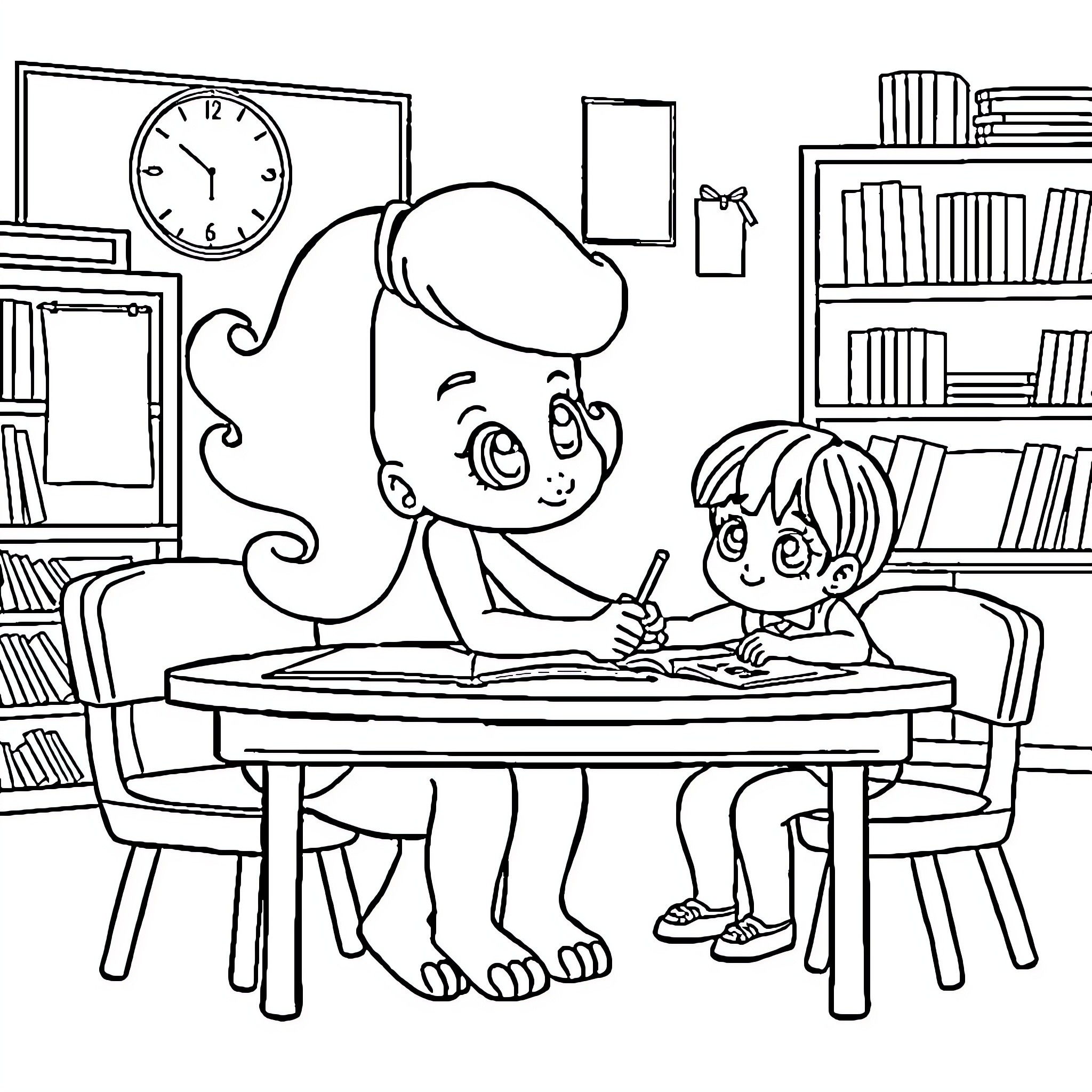 Bluey helping sibling with homework in cozy library Coloring Page (free black-and-white line drawing printable PDF for all, from beginners to advanced learners, including children, teens, adults, and seniors)