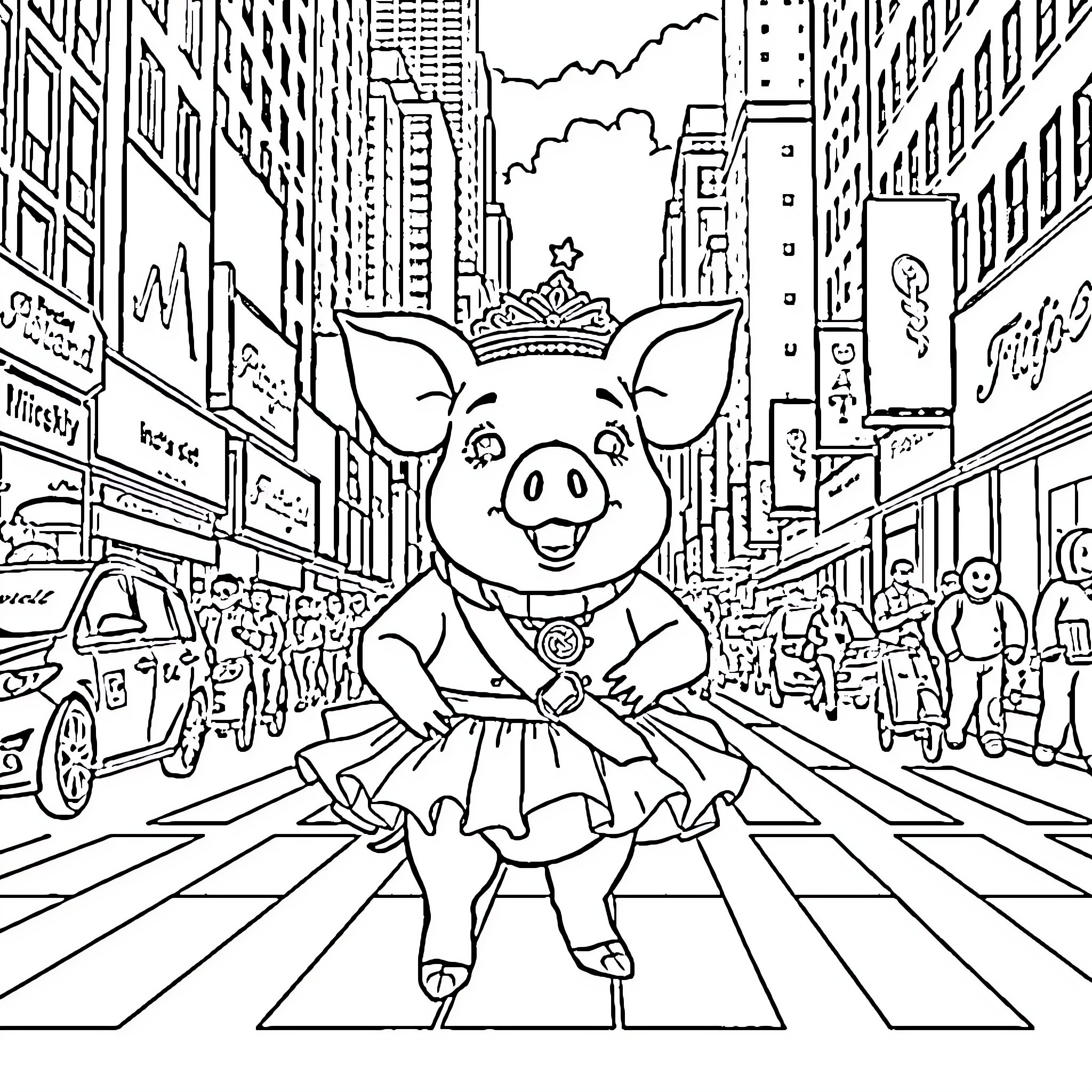 Pig Ballerina Dancing in the City Coloring Page (free black-and-white line drawing printable PDF for all, from beginners to advanced learners, including children, teens, adults, and seniors)