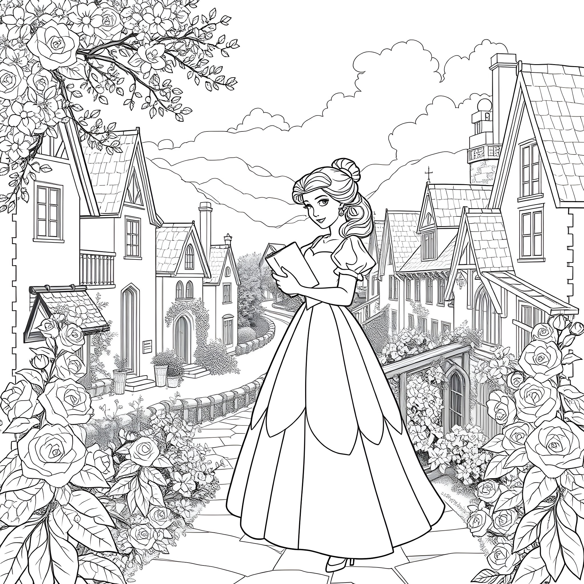 Belle reading in a picturesque town Coloring Page (free black-and-white line drawing printable PDF for all, from beginners to advanced learners, including children, teens, adults, and seniors)