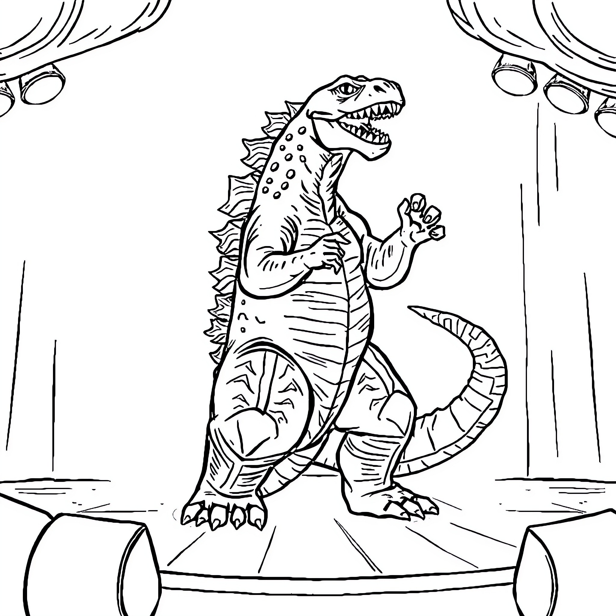 Godzilla unleashing its mighty roar on stage Coloring Page (free black-and-white line drawing printable PDF for all, from beginners to advanced learners, including children, teens, adults, and seniors)