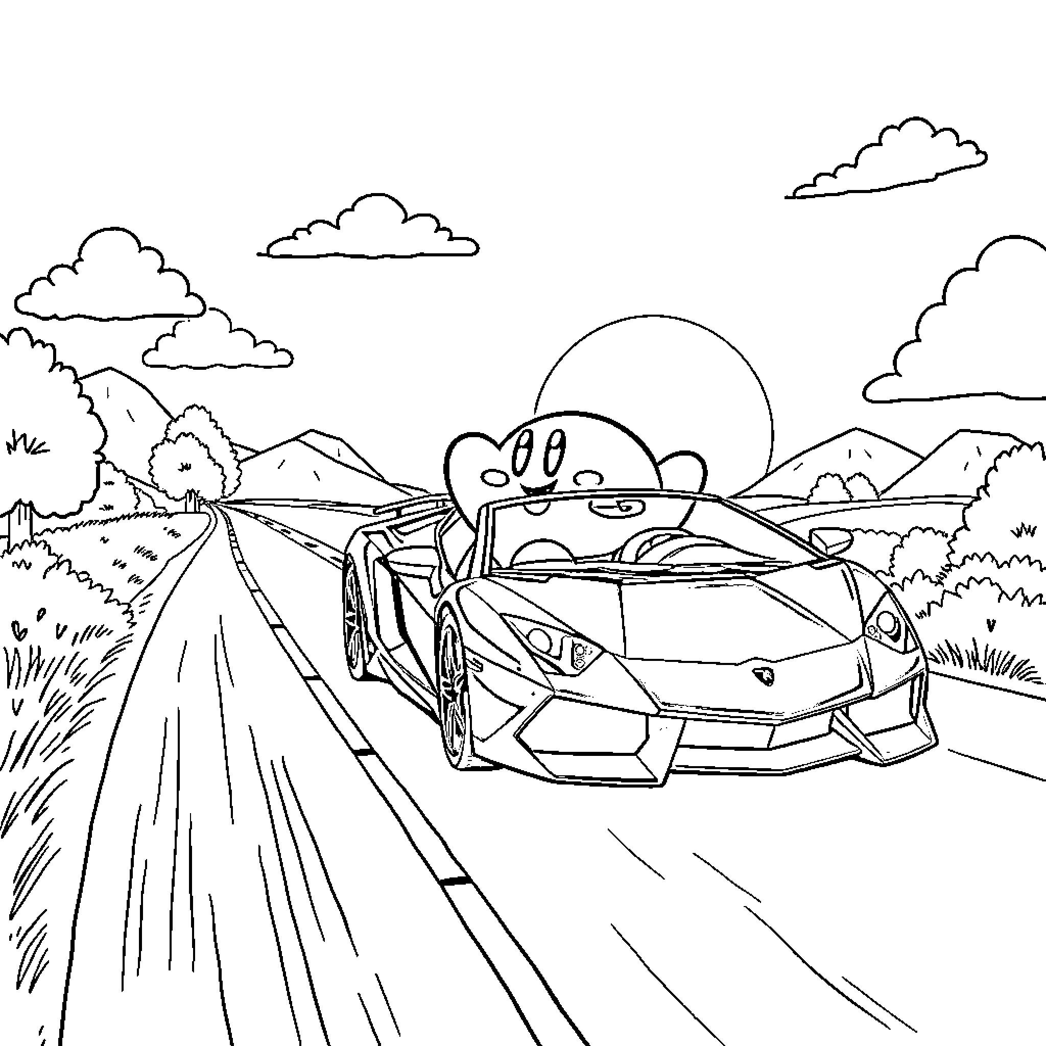 Kirby's road trip adventure Coloring Page (free black-and-white line drawing printable PDF for all, from beginners to advanced learners, including children, teens, adults, and seniors)