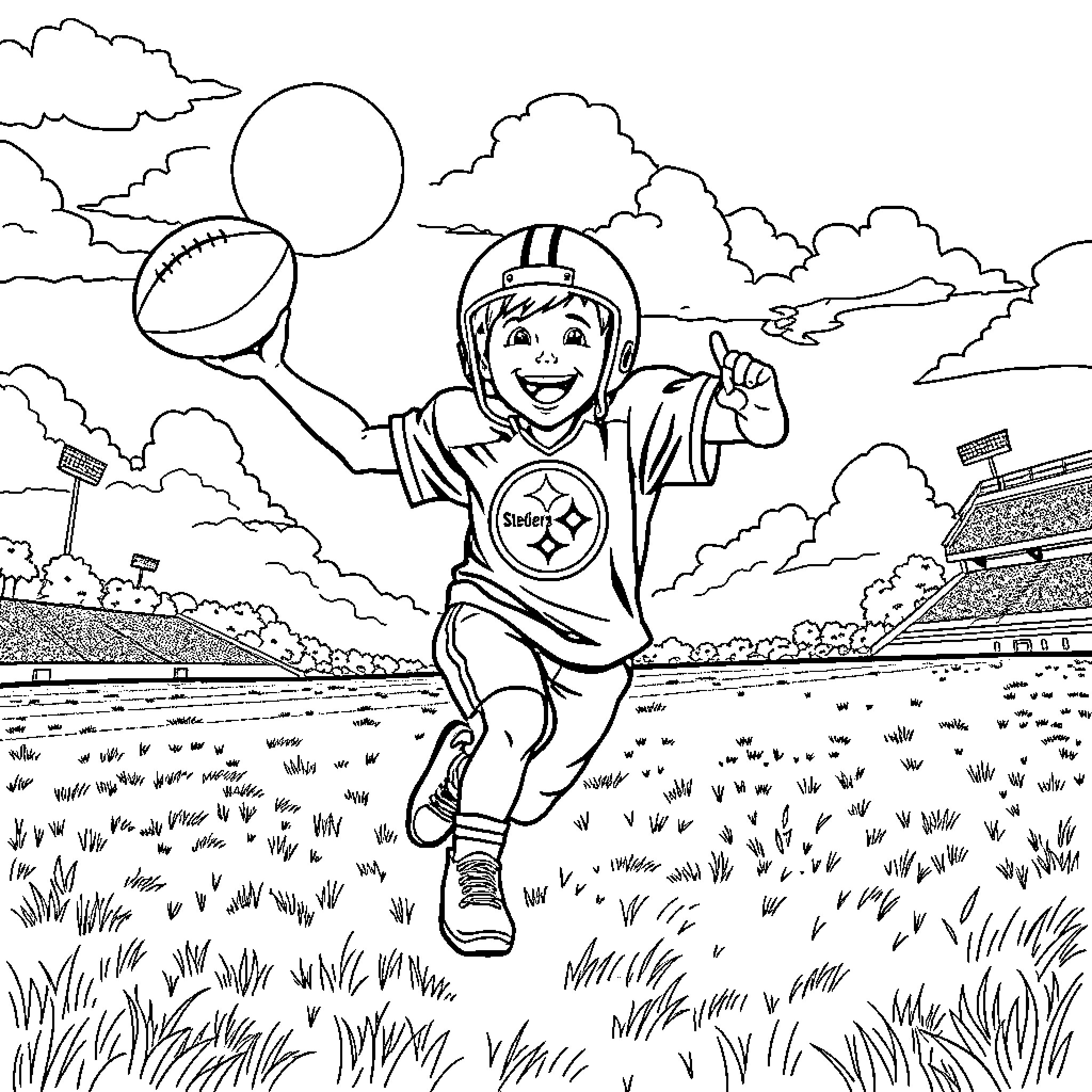Boy playing joyfully with football on field Coloring Page (free black-and-white line drawing printable PDF for all, from beginners to advanced learners, including children, teens, adults, and seniors)