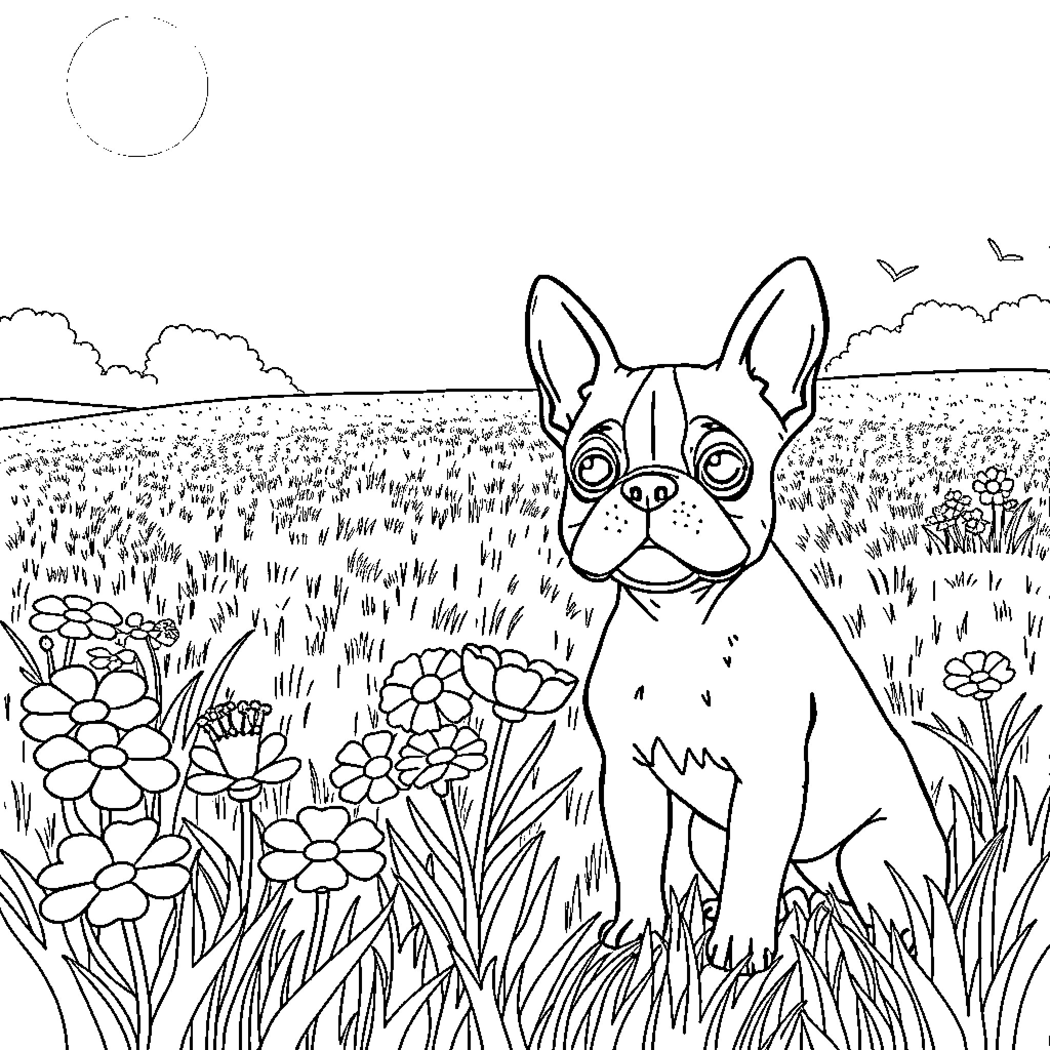 Dog playing in a floral field Coloring Page (free black-and-white line drawing printable PDF for all, from beginners to advanced learners, including children, teens, adults, and seniors)