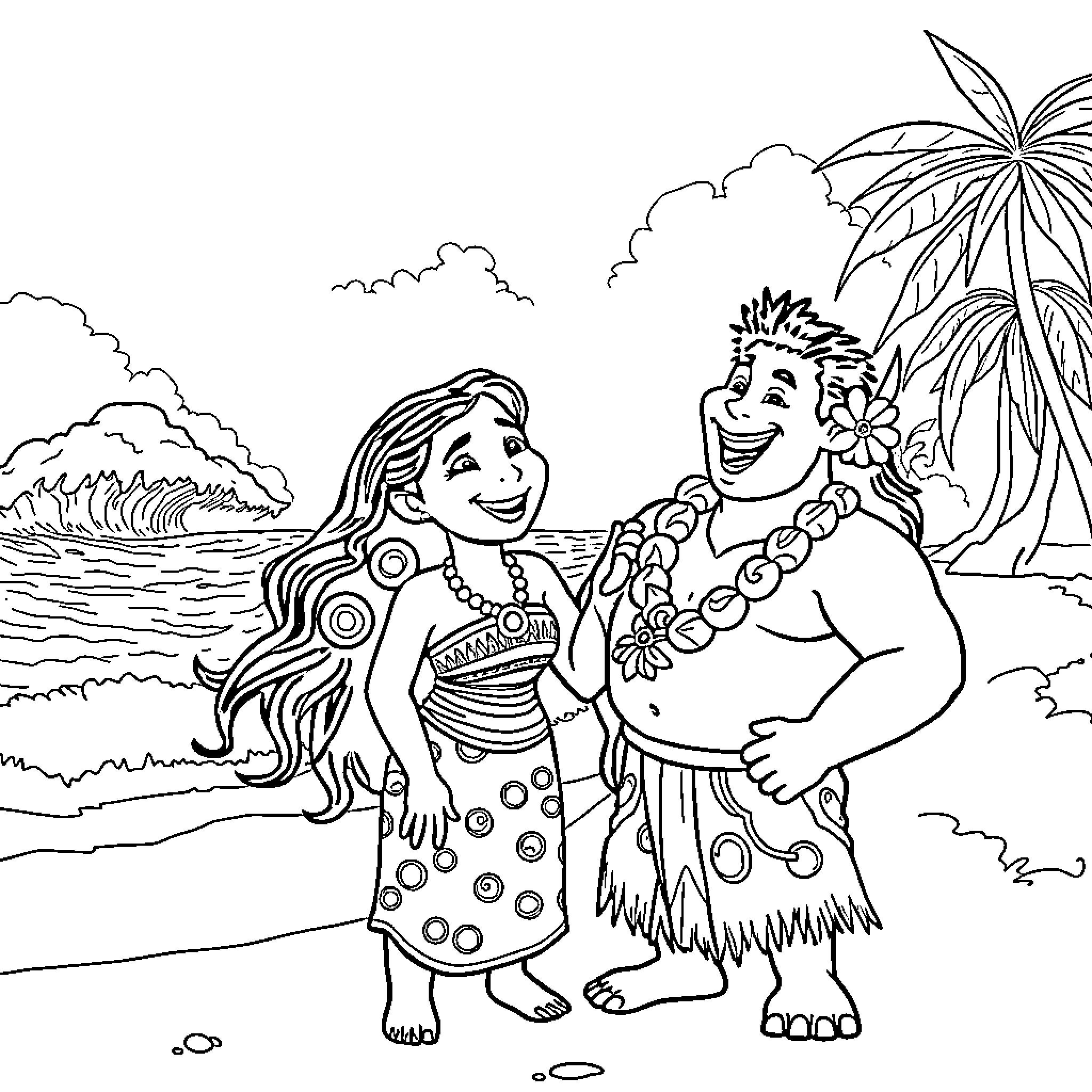 Moana and Chief Tui sharing a joyful moment on the beach Coloring Page (free black-and-white line drawing printable PDF for all, from beginners to advanced learners, including children, teens, adults, and seniors)