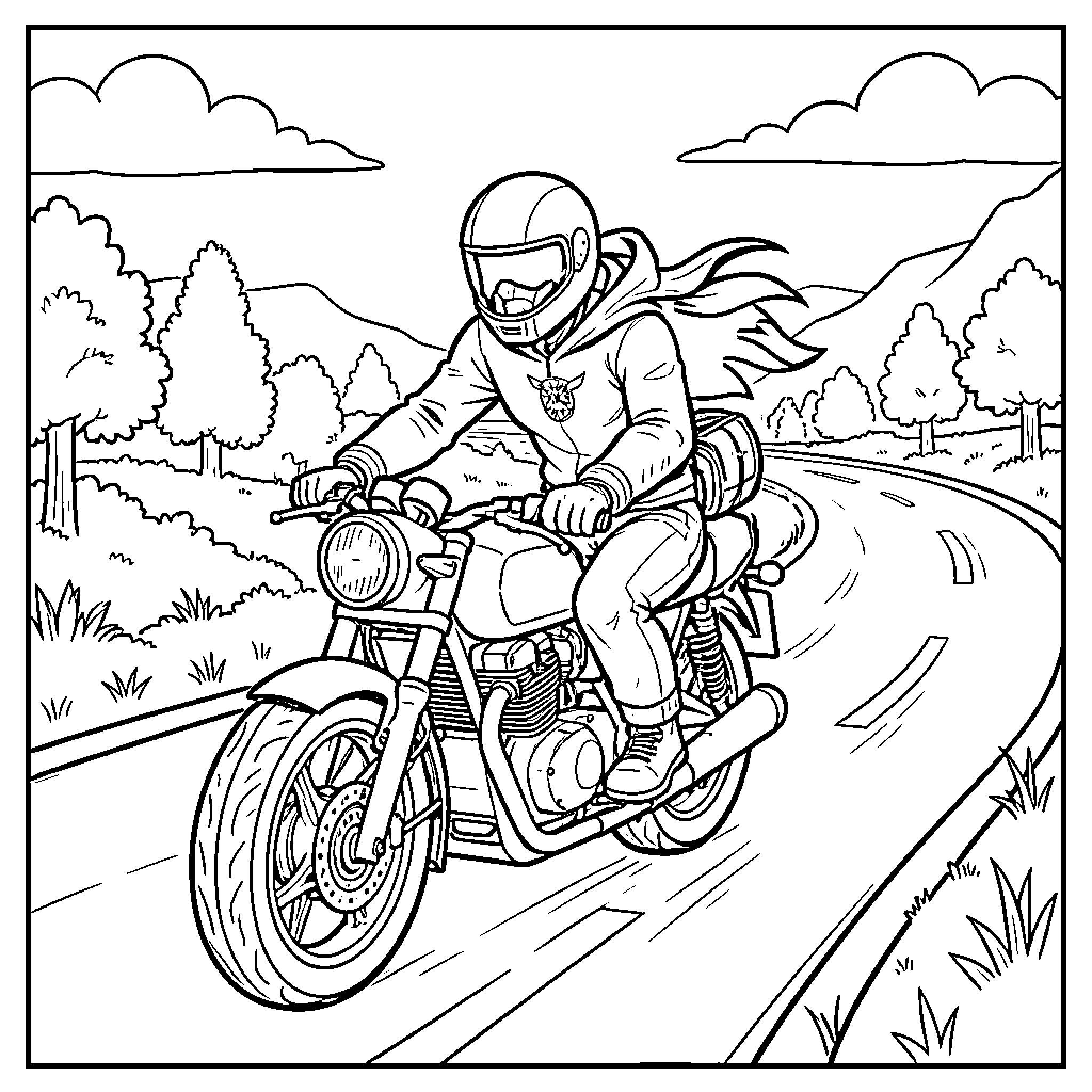 Scar riding a motorcycle through a scenic landscape Coloring Page (free black-and-white line drawing printable PDF for all, from beginners to advanced learners, including children, teens, adults, and seniors)