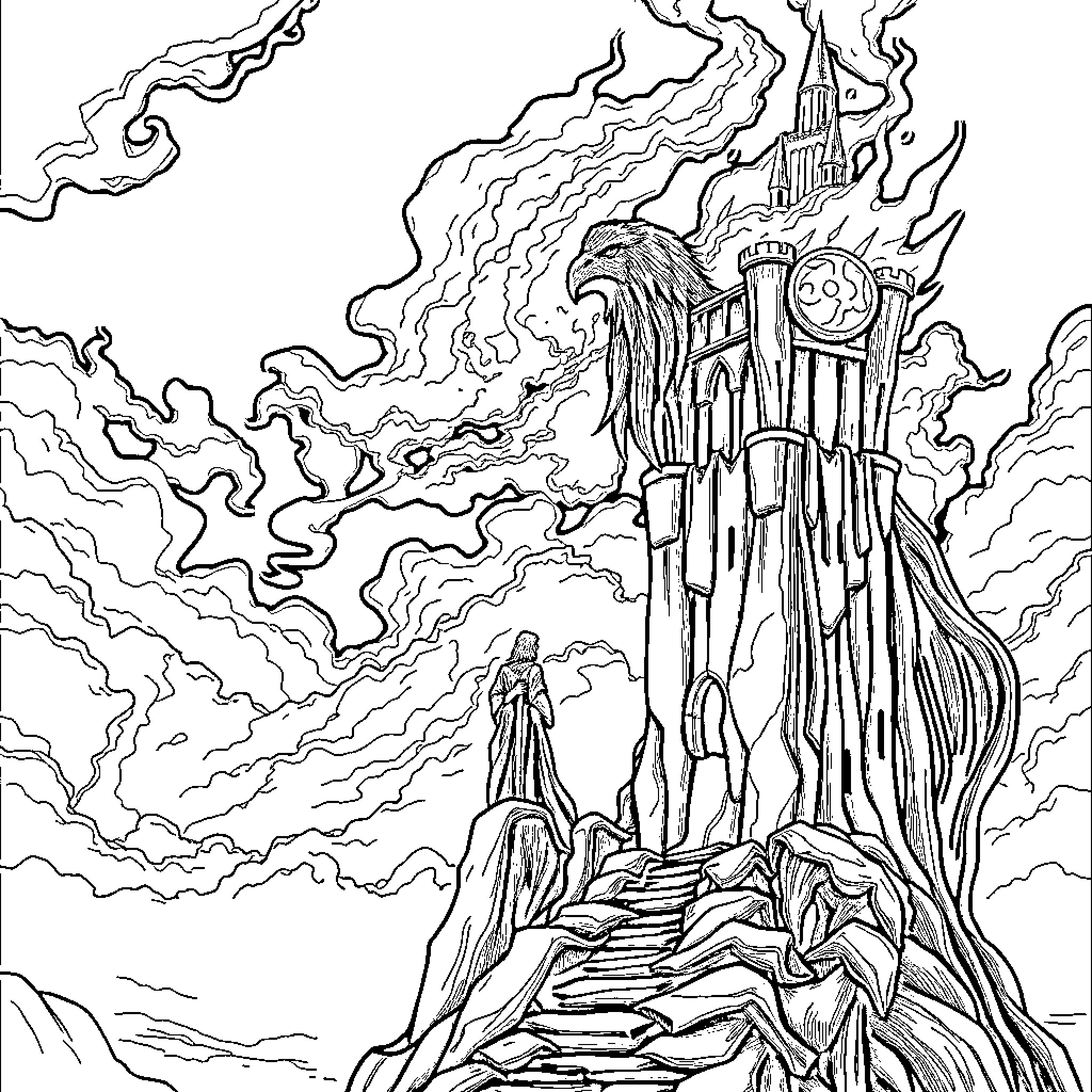 Sauron's Menacing Fortress Looming Over the Landscape Coloring Page (free black-and-white line drawing printable PDF for all, from beginners to advanced learners, including children, teens, adults, and seniors)