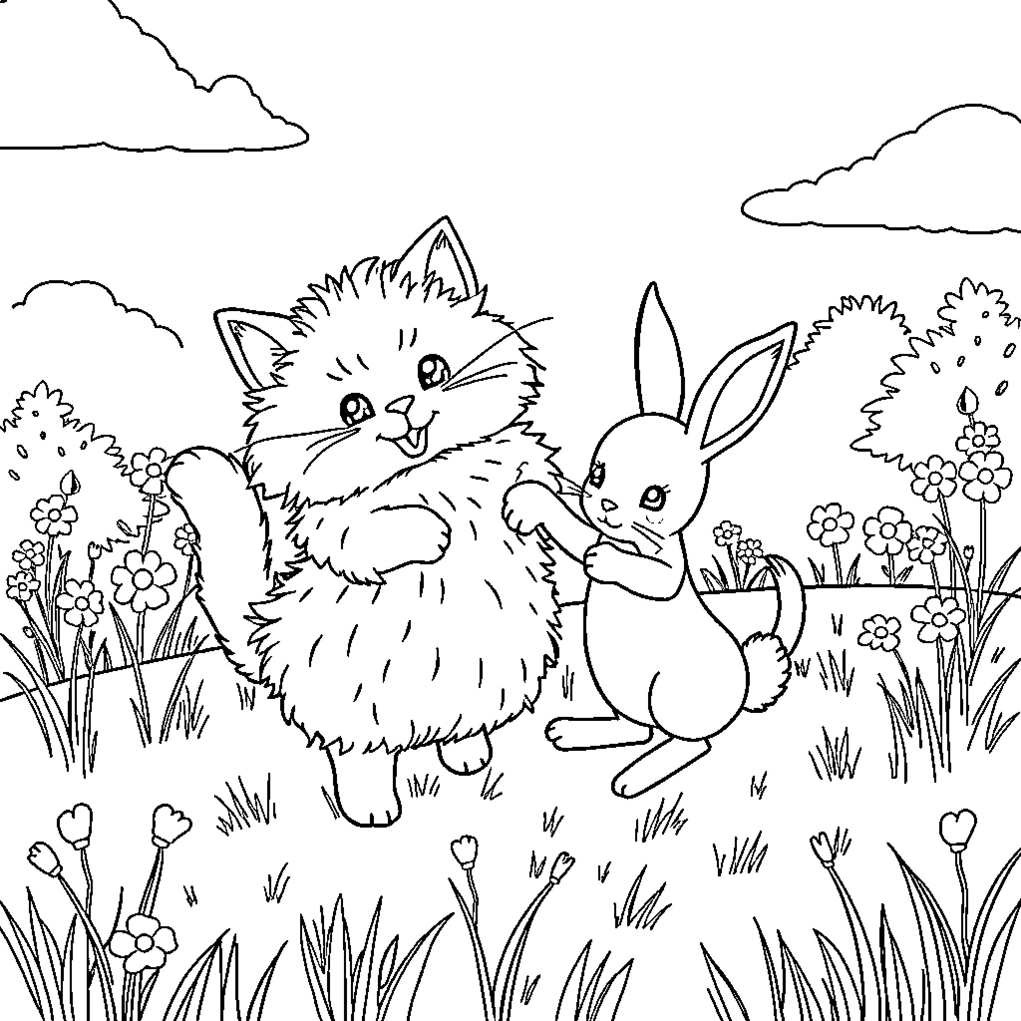 Cat and Rabbit Enjoying Nature Together Coloring Page (free black-and-white line drawing printable PDF for all, from beginners to advanced learners, including children, teens, adults, and seniors)