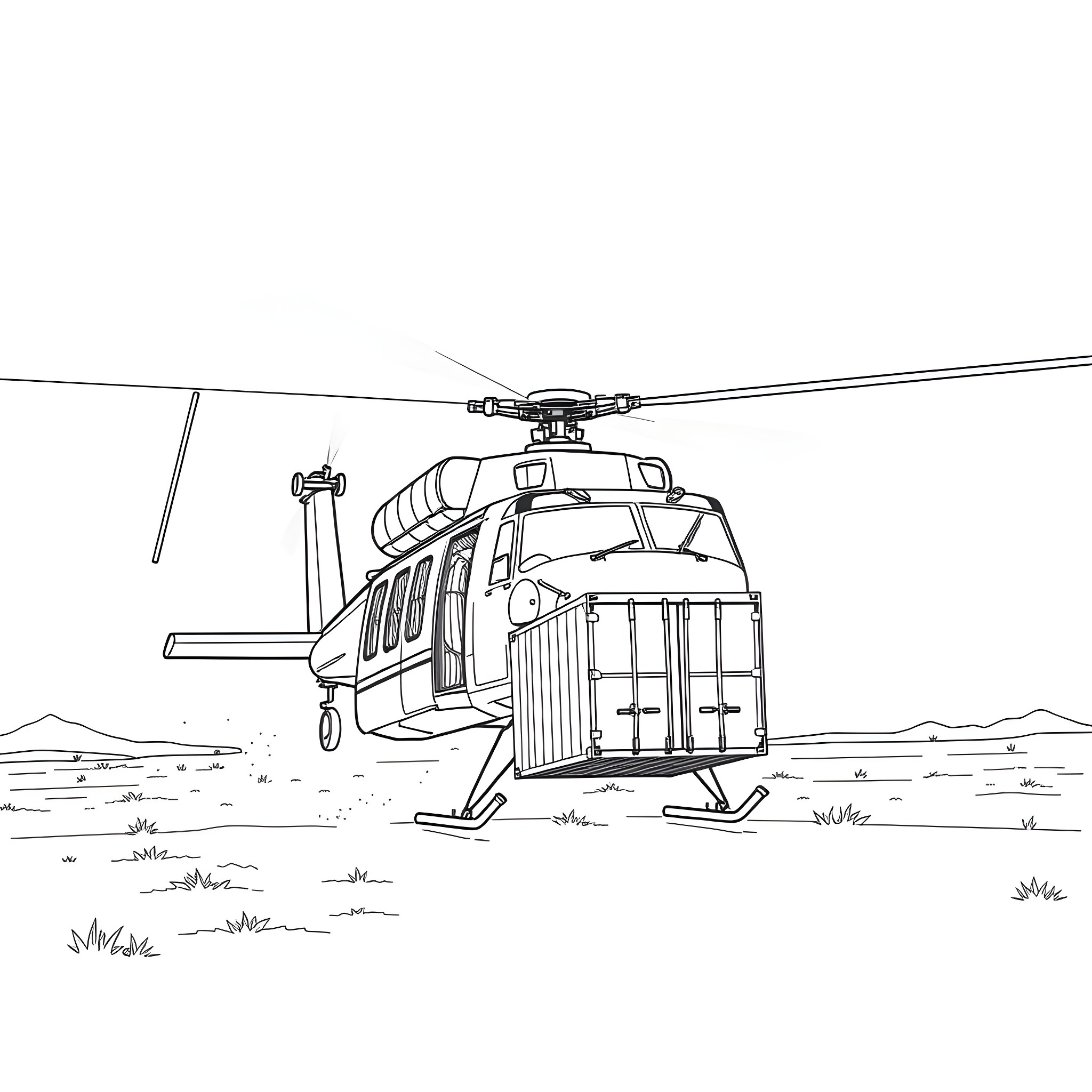 Huey helicopter landing in the wilderness Coloring Page (free black-and-white line drawing printable PDF for all, from beginners to advanced learners, including children, teens, adults, and seniors)