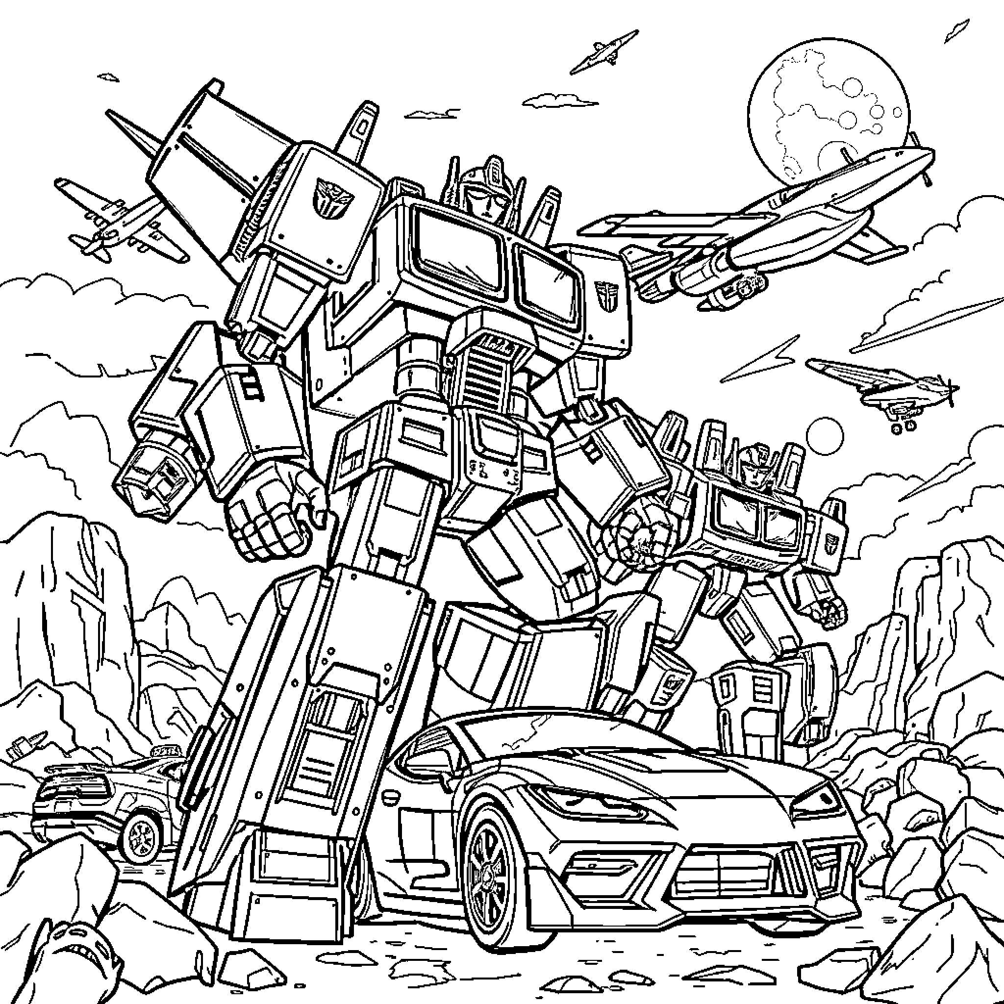 Transformer vehicles in a futuristic landscape Coloring Page (free black-and-white line drawing printable PDF for all, from beginners to advanced learners, including children, teens, adults, and seniors)