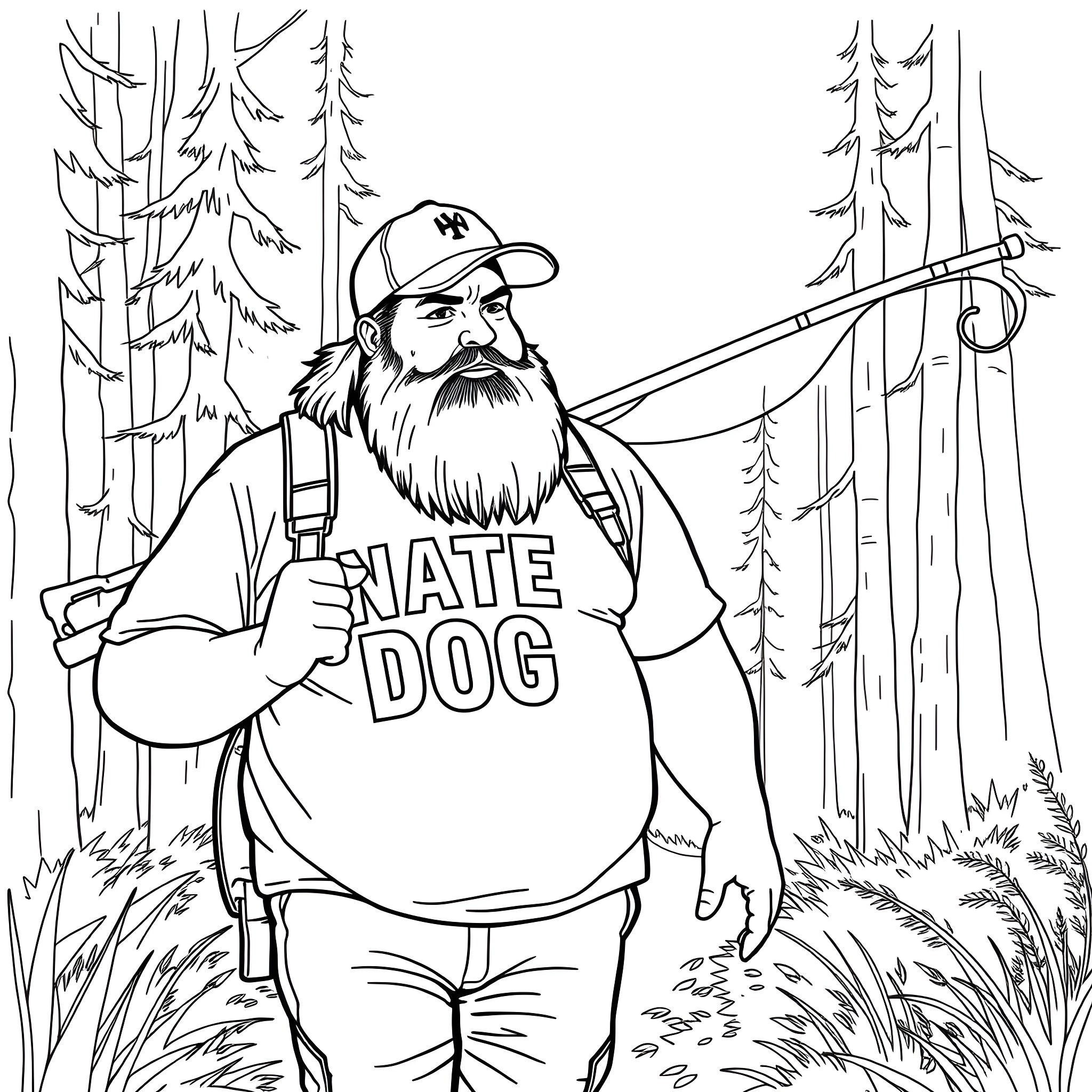 Man wearing hat and t-shirt in forest with hiking gear Coloring Page (free black-and-white line drawing printable PDF for all, from beginners to advanced learners, including children, teens, adults, and seniors)