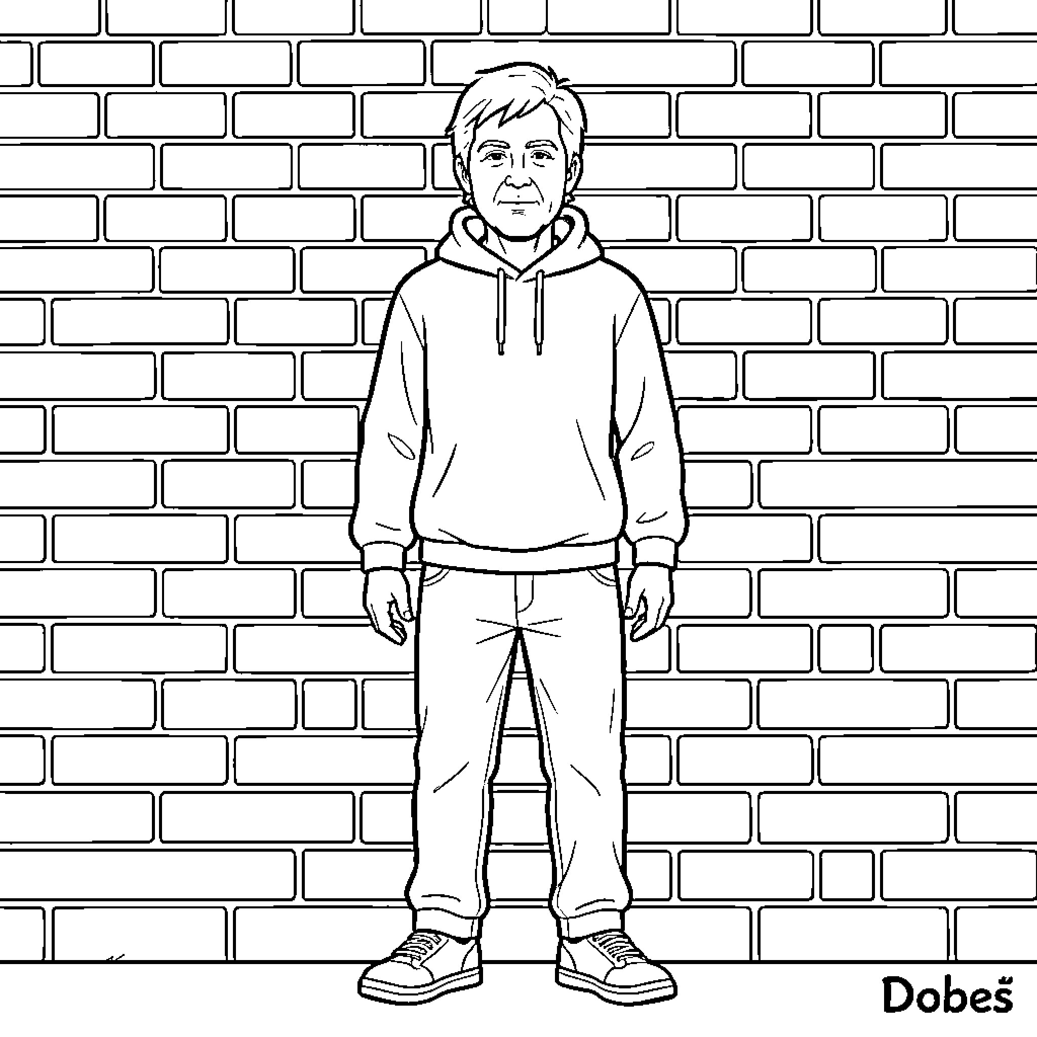 Dobeš standing in front of a brick wall Coloring Page (free black-and-white line drawing printable PDF for all, from beginners to advanced learners, including children, teens, adults, and seniors)