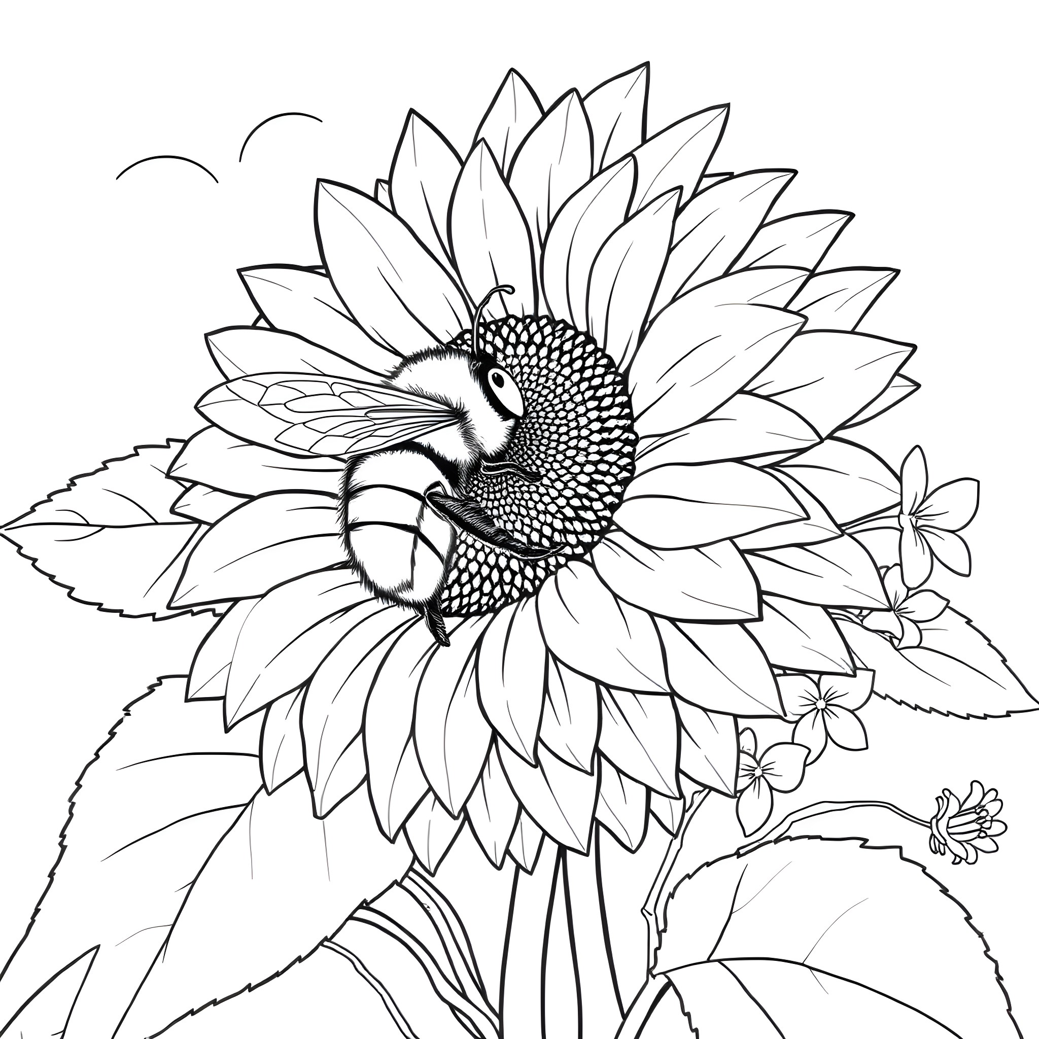 Bumblebee exploring a sunflower's petals Coloring Page (free black-and-white line drawing printable PDF for all, from beginners to advanced learners, including children, teens, adults, and seniors)