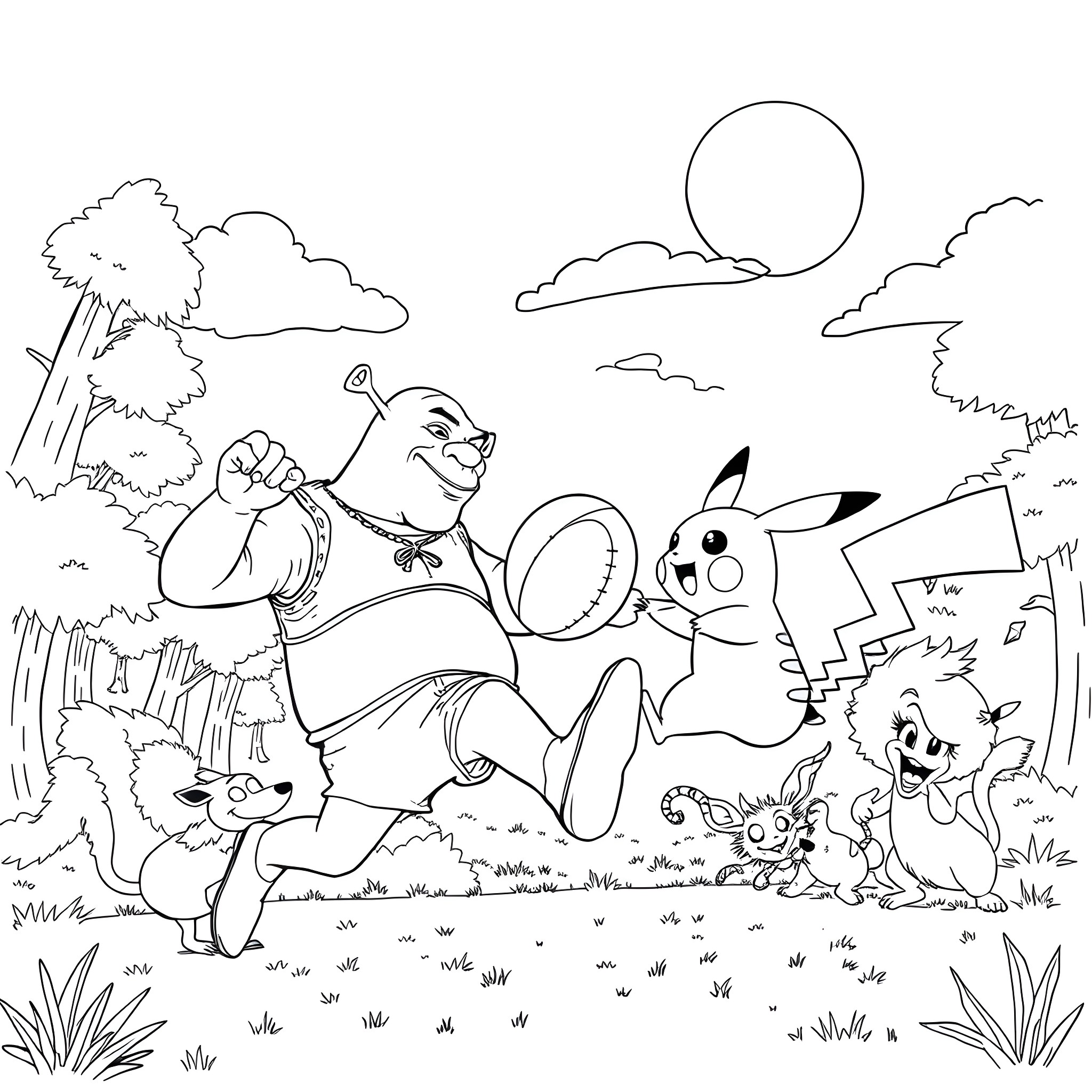 Shrek and friends in a lively outdoor scene Coloring Page (free black-and-white line drawing printable PDF for all, from beginners to advanced learners, including children, teens, adults, and seniors)