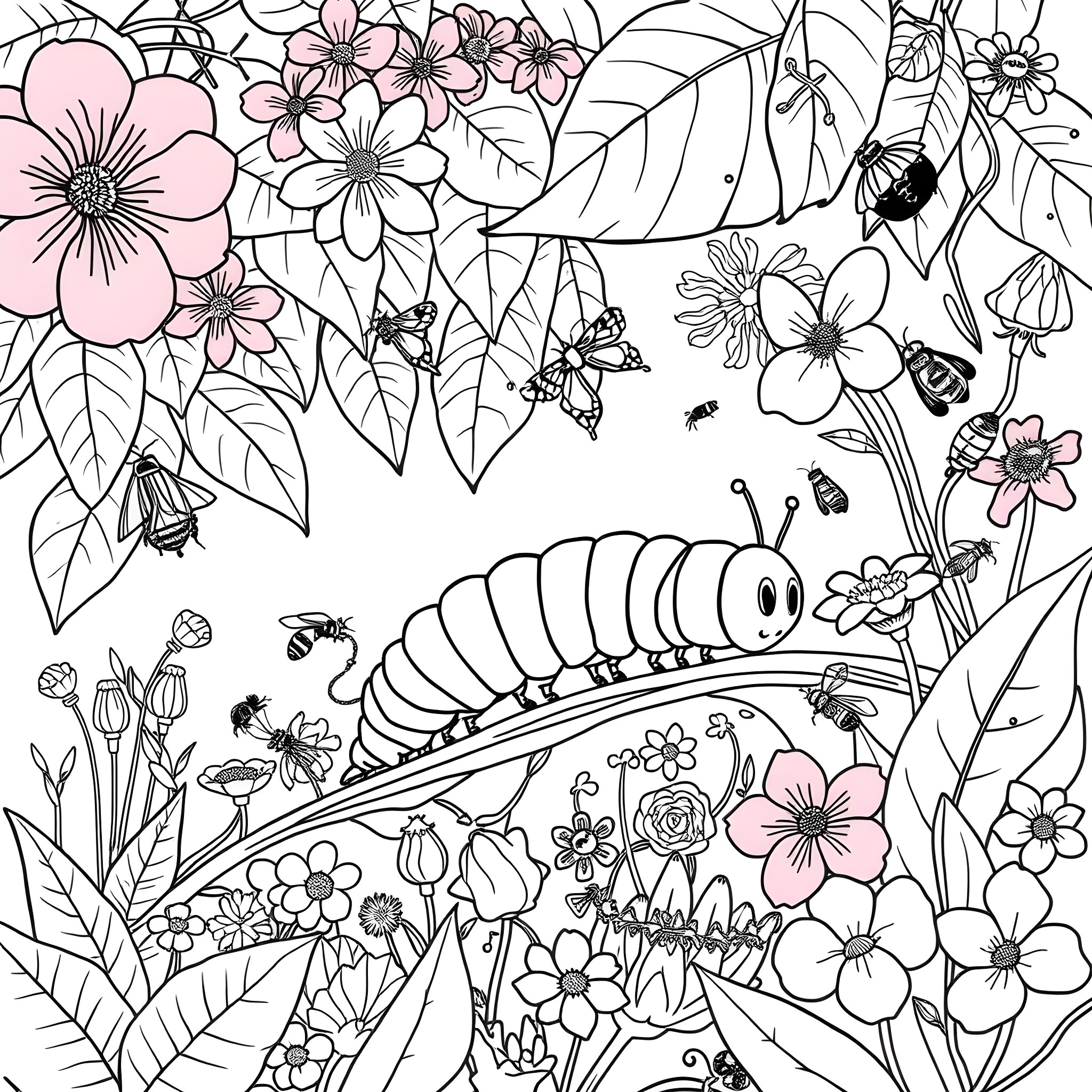 Caterpillar exploring a vibrant floral garden Coloring Page (free black-and-white line drawing printable PDF for all, from beginners to advanced learners, including children, teens, adults, and seniors)