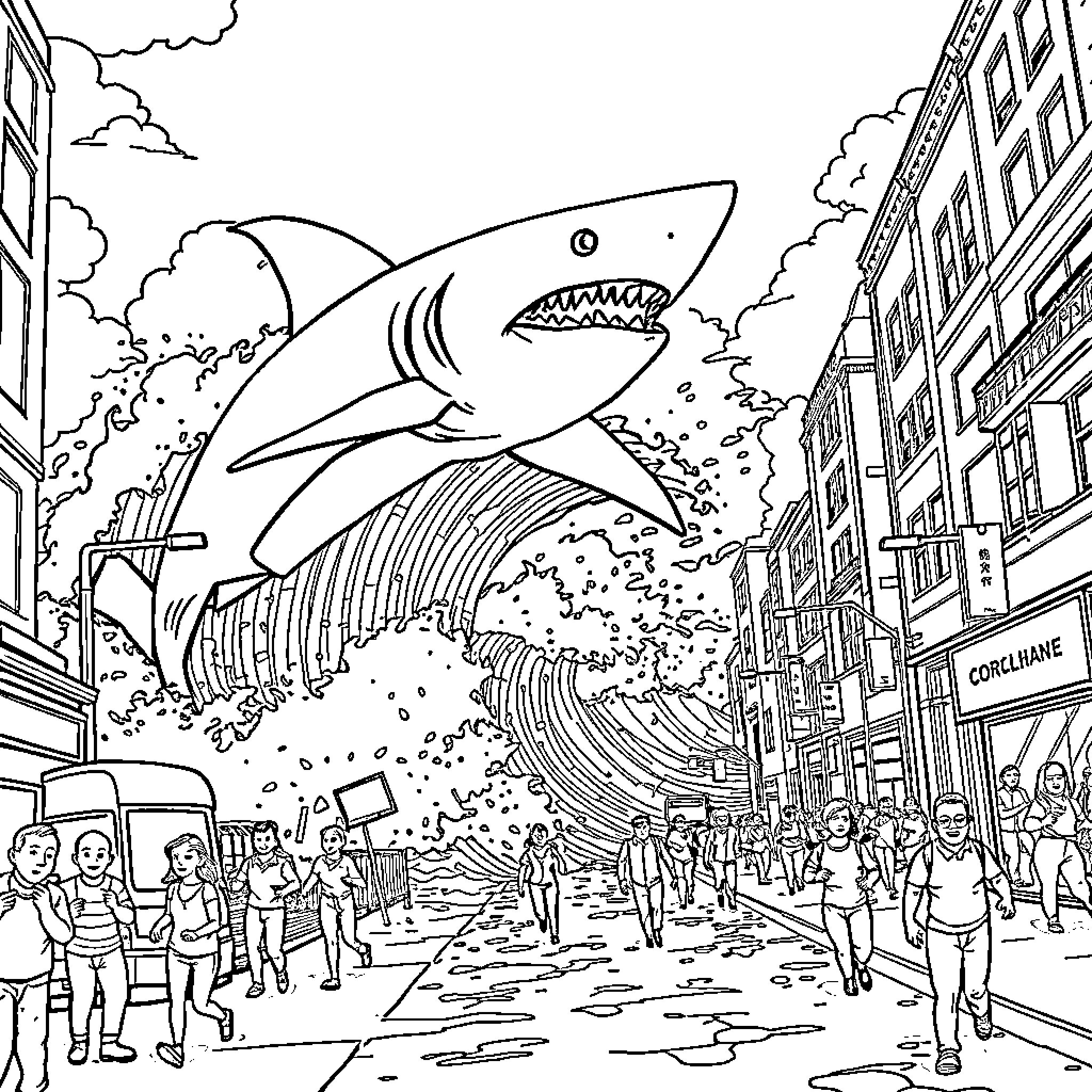 Shark attacking a city scene Coloring Page (free black-and-white line drawing printable PDF for all, from beginners to advanced learners, including children, teens, adults, and seniors)