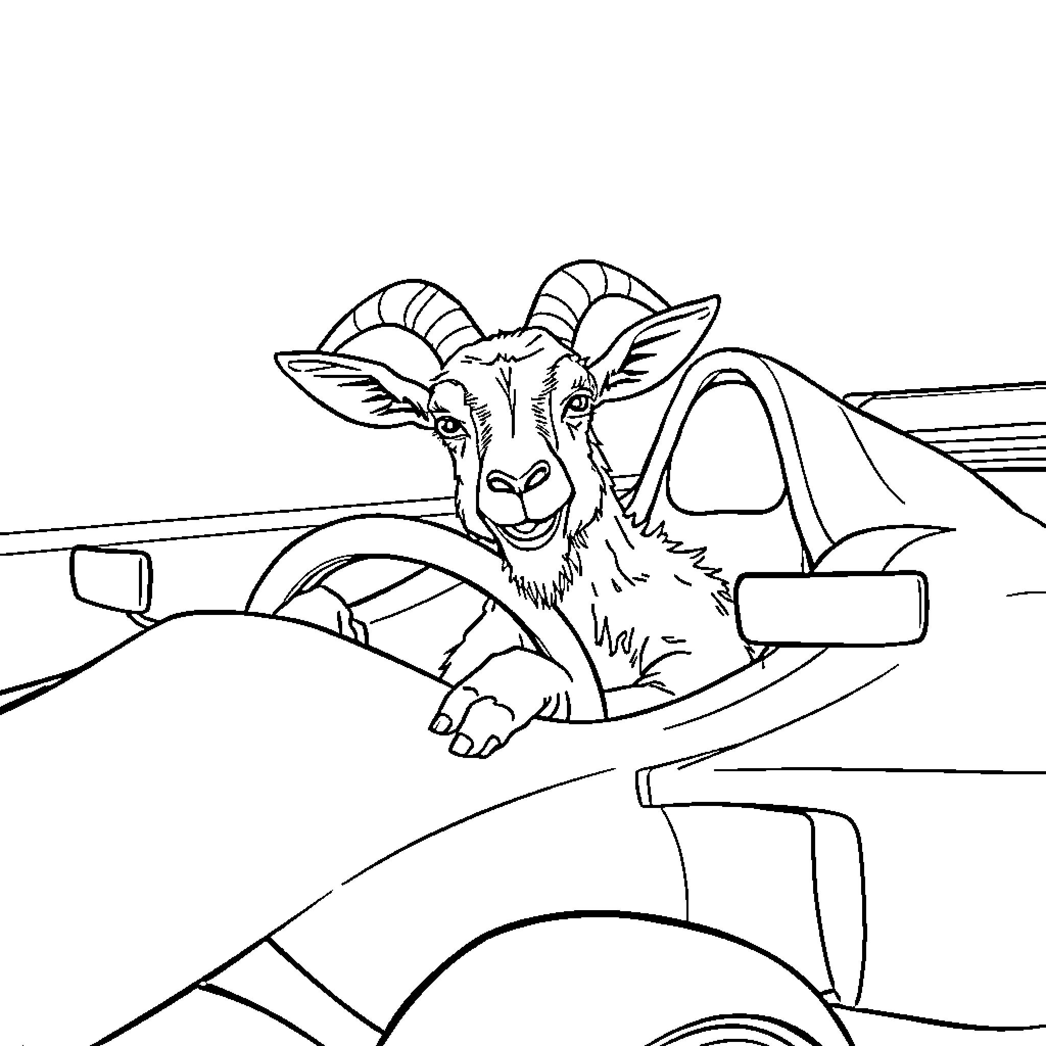 Goat driving a vehicle with a smile Coloring Page (free black-and-white line drawing printable PDF for all, from beginners to advanced learners, including children, teens, adults, and seniors)