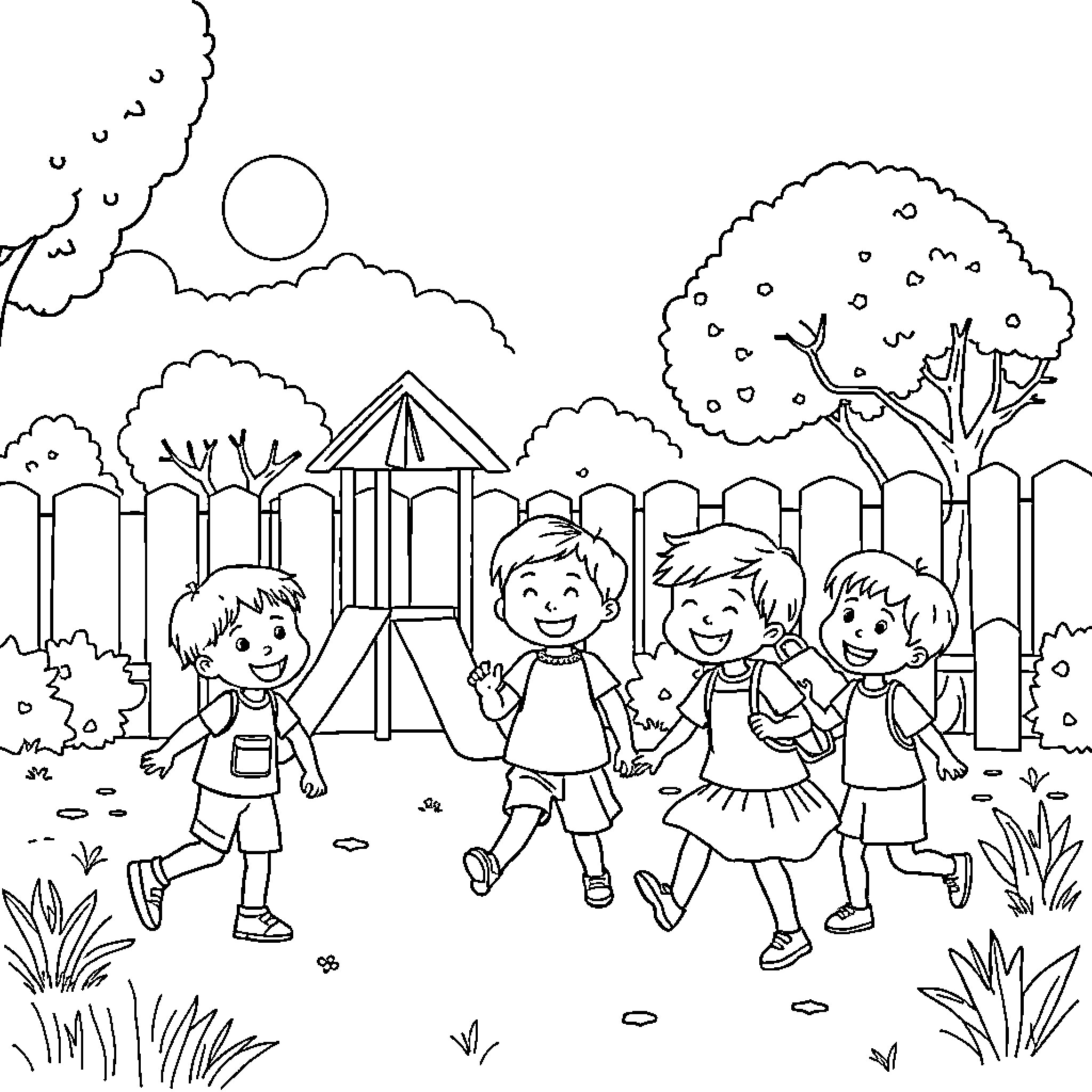 Children playing happily in the park Coloring Page (free black-and-white line drawing printable PDF for all, from beginners to advanced learners, including children, teens, adults, and seniors)