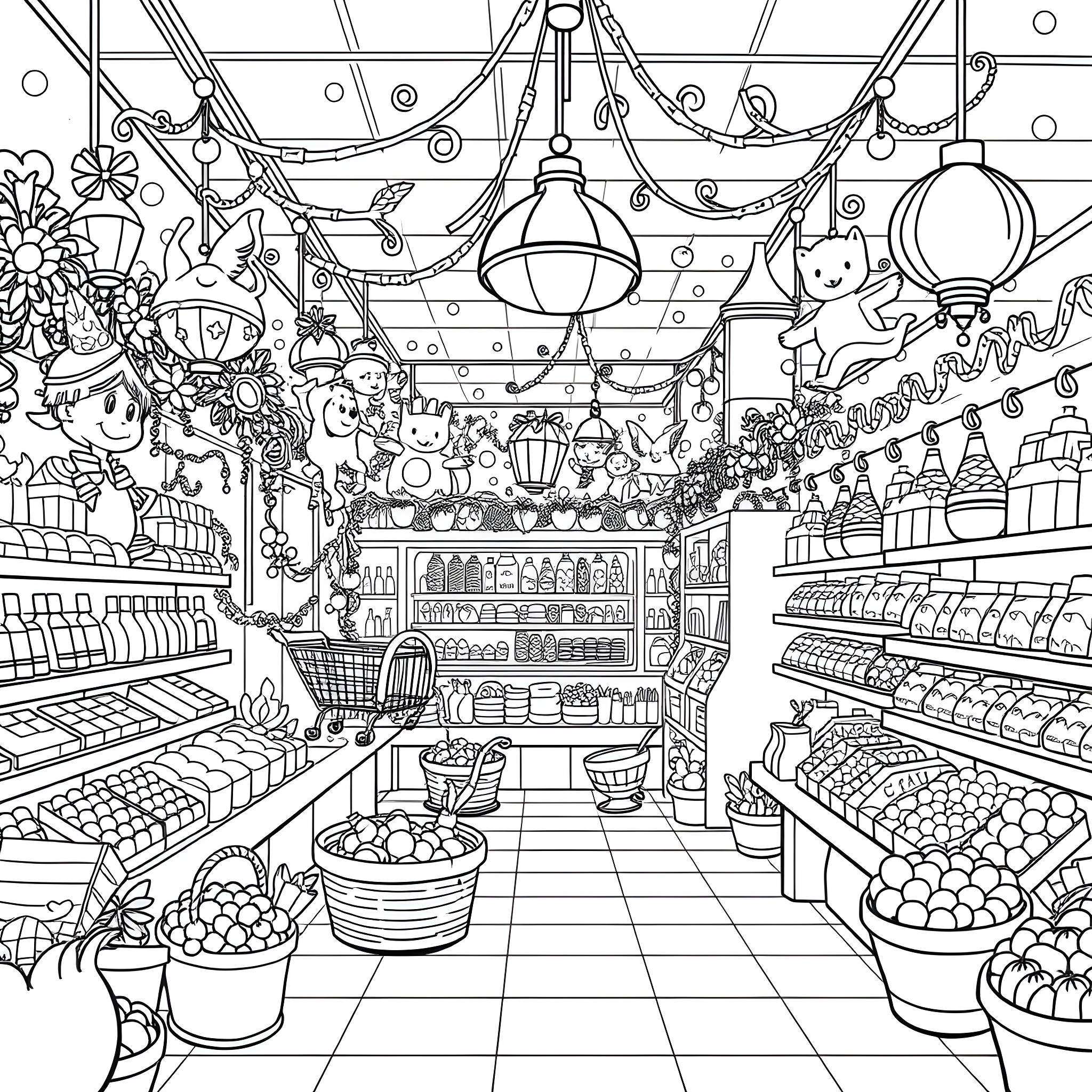 Coles Store with Festive Decor and Diverse Merchandise Coloring Page (free black-and-white line drawing printable PDF for all, from beginners to advanced learners, including children, teens, adults, and seniors)