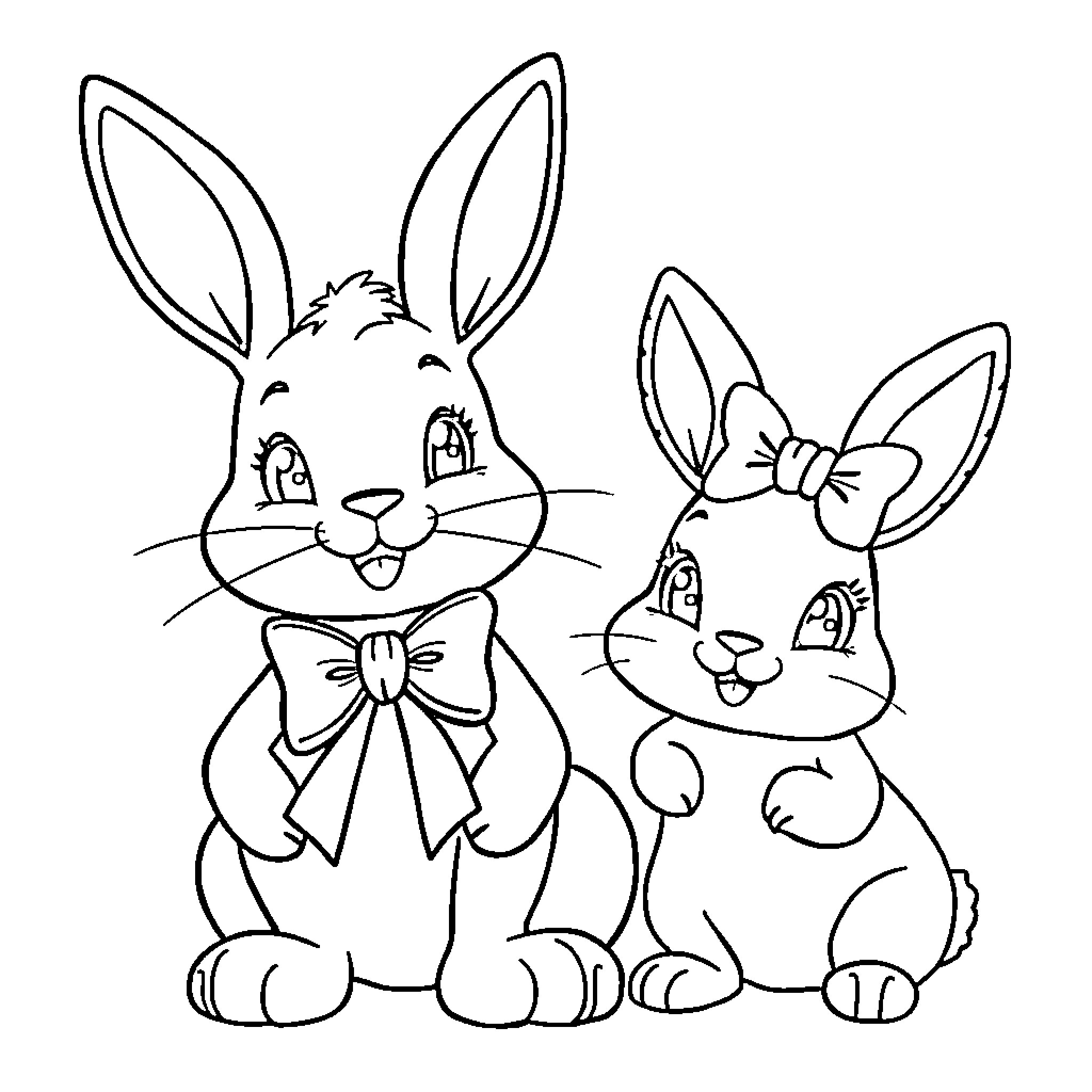 Bunny friends in bow ties Coloring Page (free black-and-white line drawing printable PDF for all, from beginners to advanced learners, including children, teens, adults, and seniors)