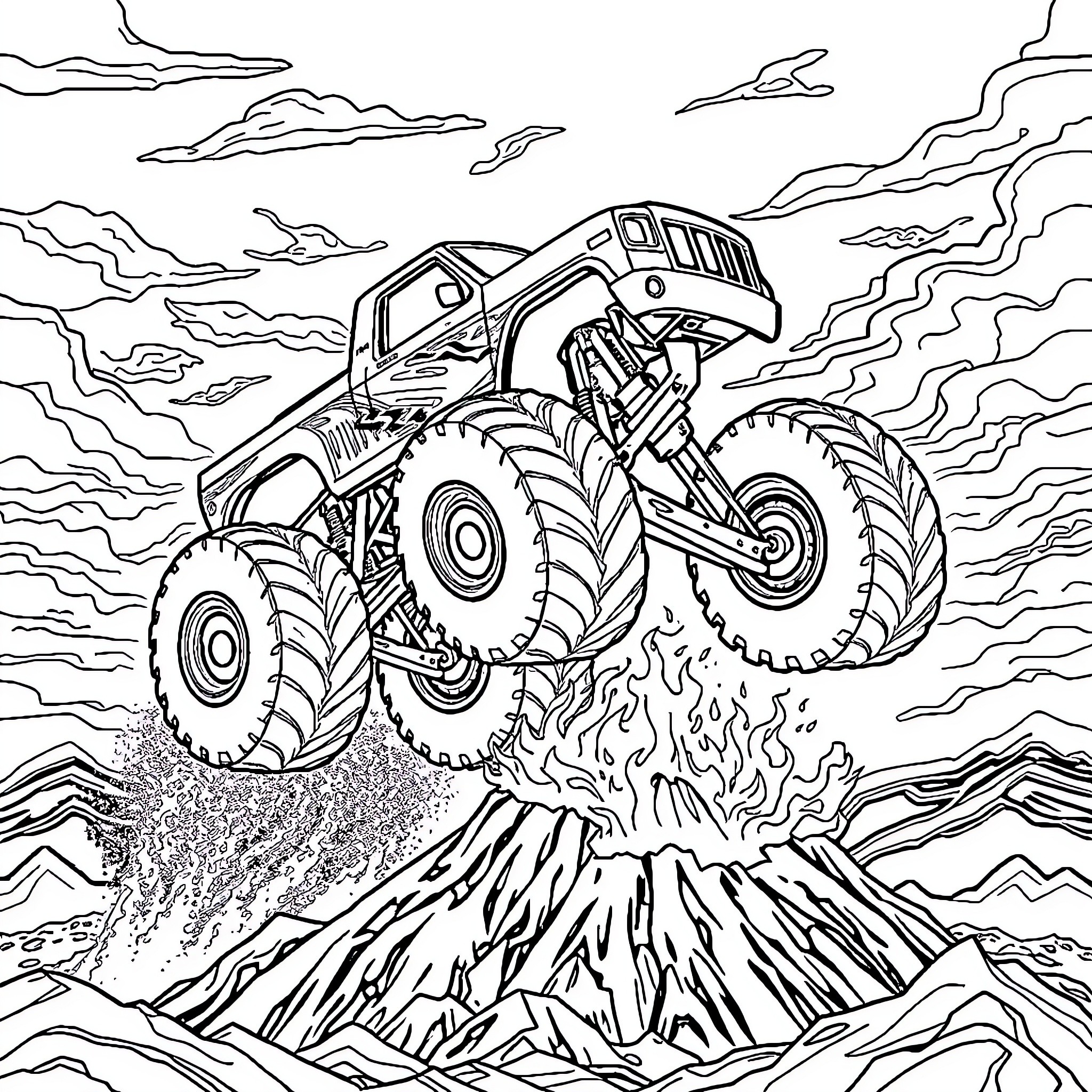 Monster Truck Soaring Over Volcanic Landscape Coloring Page (free black-and-white line drawing printable PDF for all, from beginners to advanced learners, including children, teens, adults, and seniors)