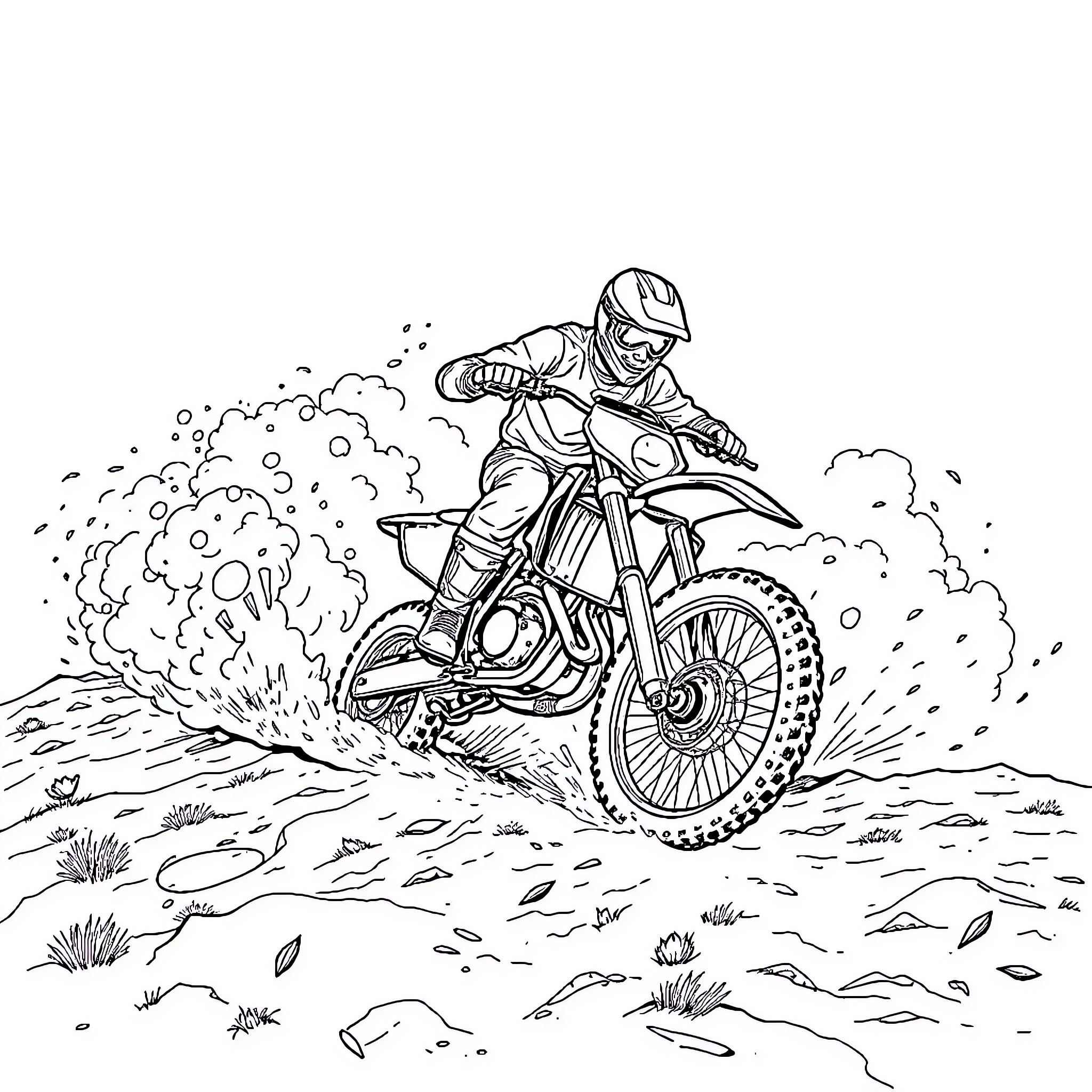 Dirtbike rider races through rough terrain Coloring Page (free black-and-white line drawing printable PDF for all, from beginners to advanced learners, including children, teens, adults, and seniors)