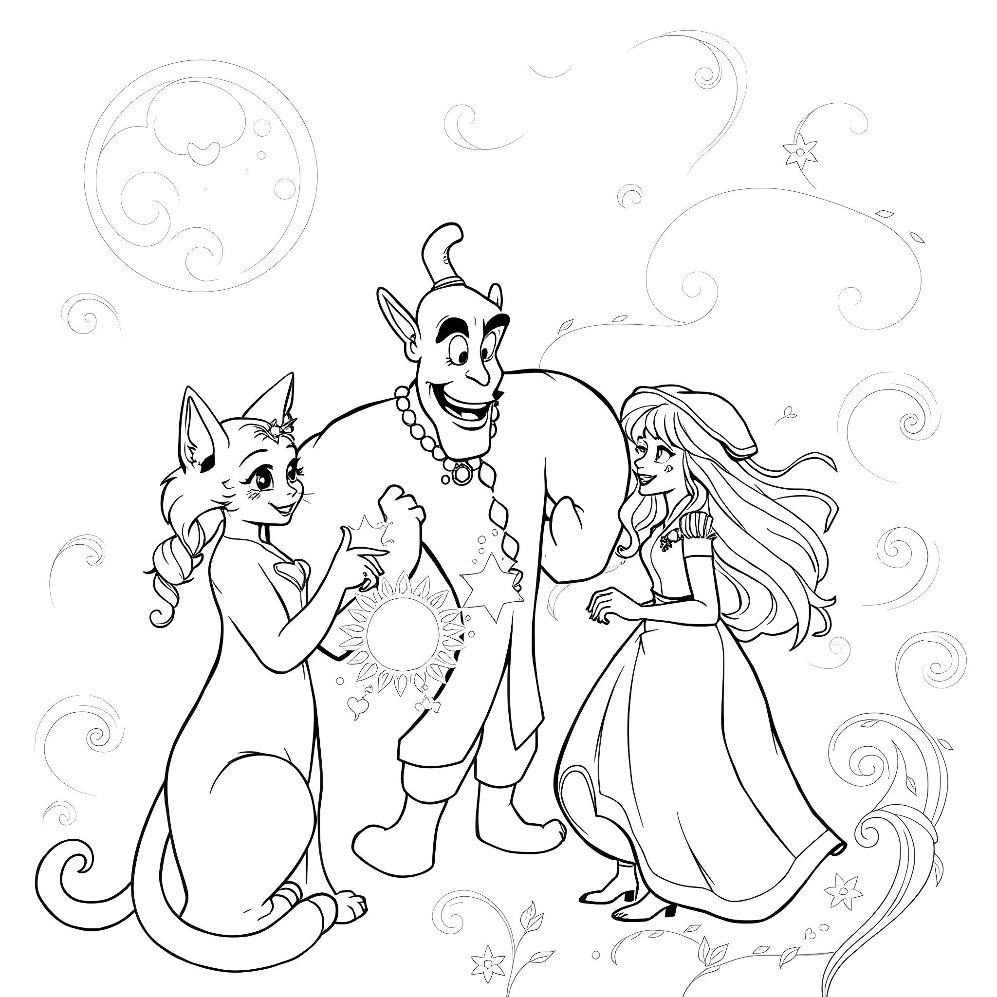 Marie's Whimsical Adventure with Friends Coloring Page (free black-and-white line drawing printable PDF for all, from beginners to advanced learners, including children, teens, adults, and seniors)