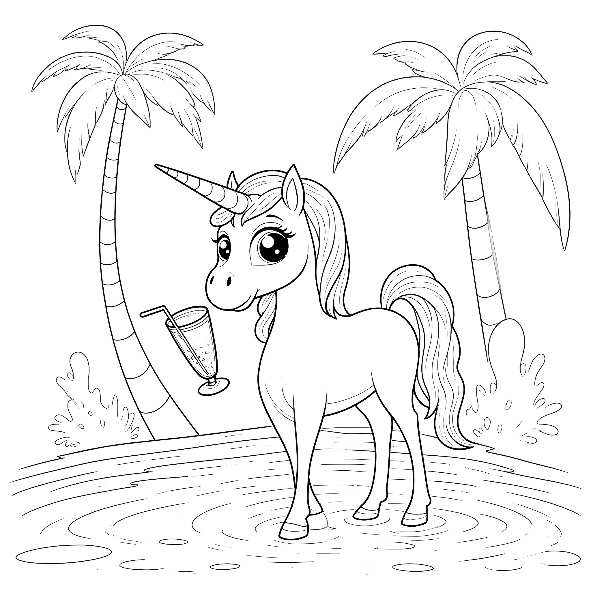 Unicorn enjoying a tropical cocktail on the beach Coloring Page (free black-and-white line drawing printable PDF for all, from beginners to advanced learners, including children, teens, adults, and seniors)